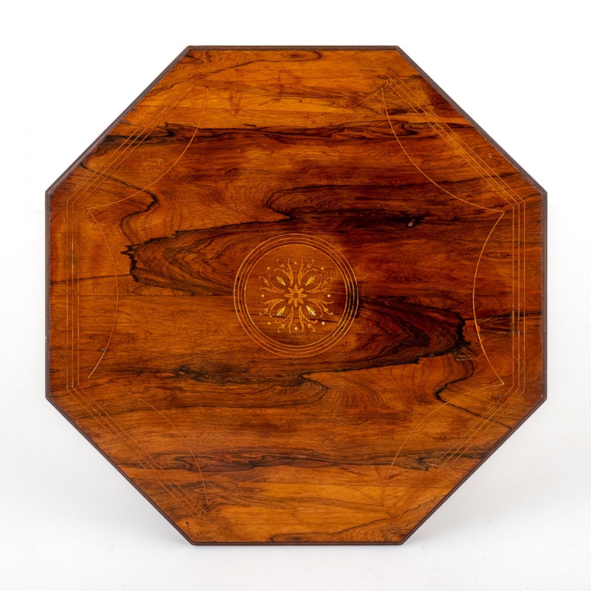 Write description here rosewood octagonal occasional table.
circa 1890.
Standing upon ring turned legs with a raised undertray.
The top of the table having central marquetry inlays with boxwood line inlays.
Size:
Height 28
