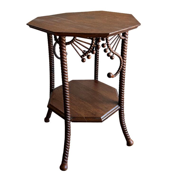 American Victorian Octagonal Antique Stick and Ball Two Tier Wood Side Table