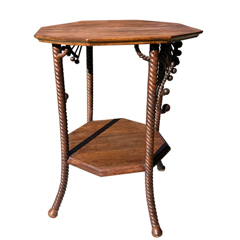 Victorian Octagonal Antique Stick and Ball Two Tier Wood Side Table 1