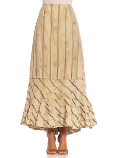 Victorian Off White & Green Silk Ikat Shadow Floral Satin Stripe 1890S Skirt Fr