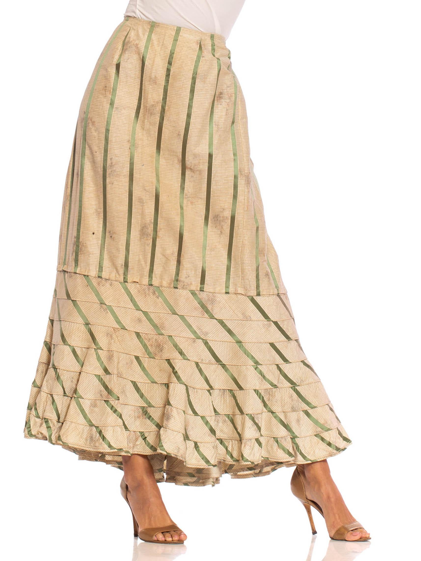 Beige Victorian Off White & Green Silk Ikat Shadow Floral Satin Stripe 1890S Skirt Fr For Sale