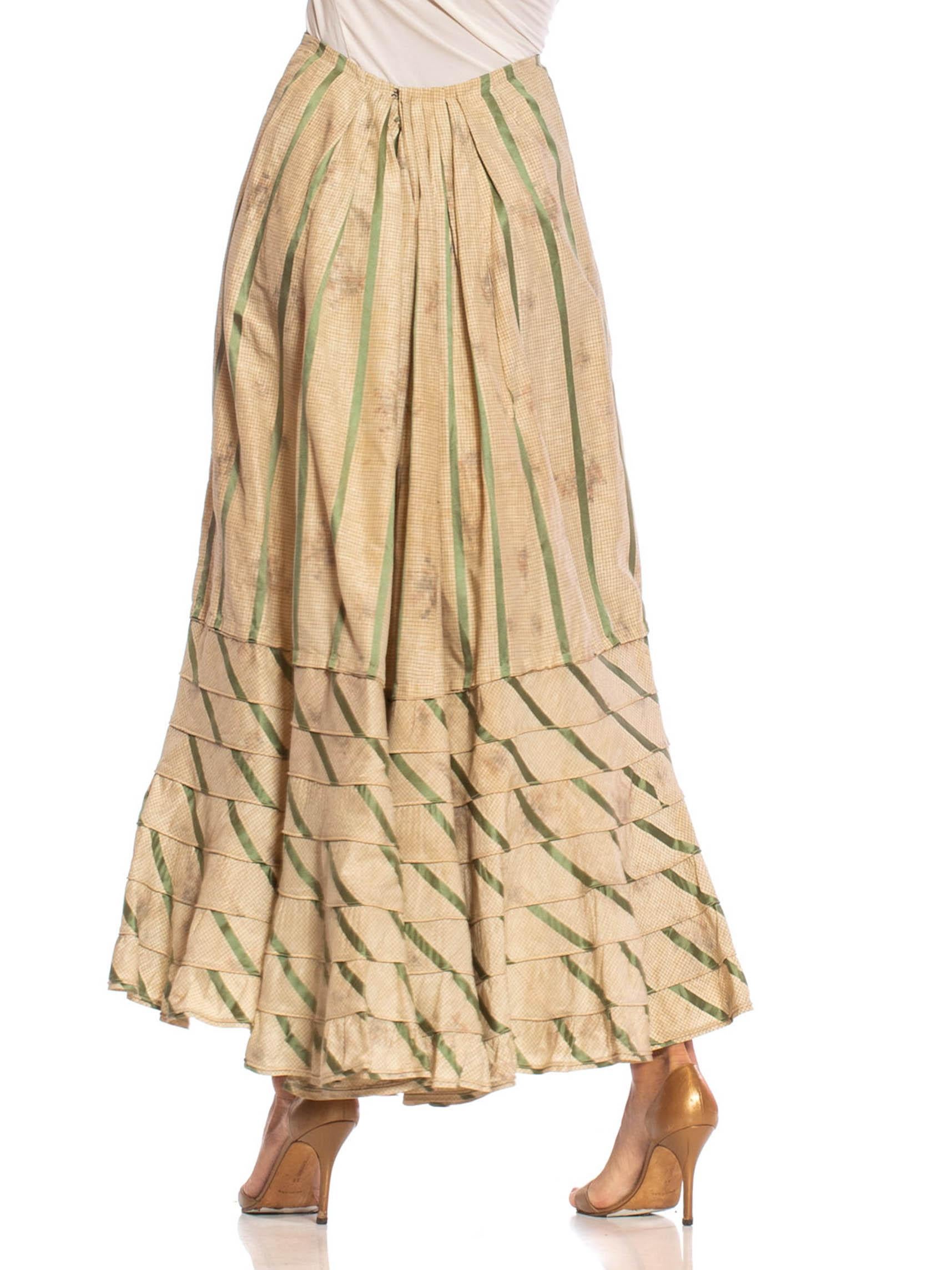 Women's Victorian Off White & Green Silk Ikat Shadow Floral Satin Stripe 1890S Skirt Fr For Sale