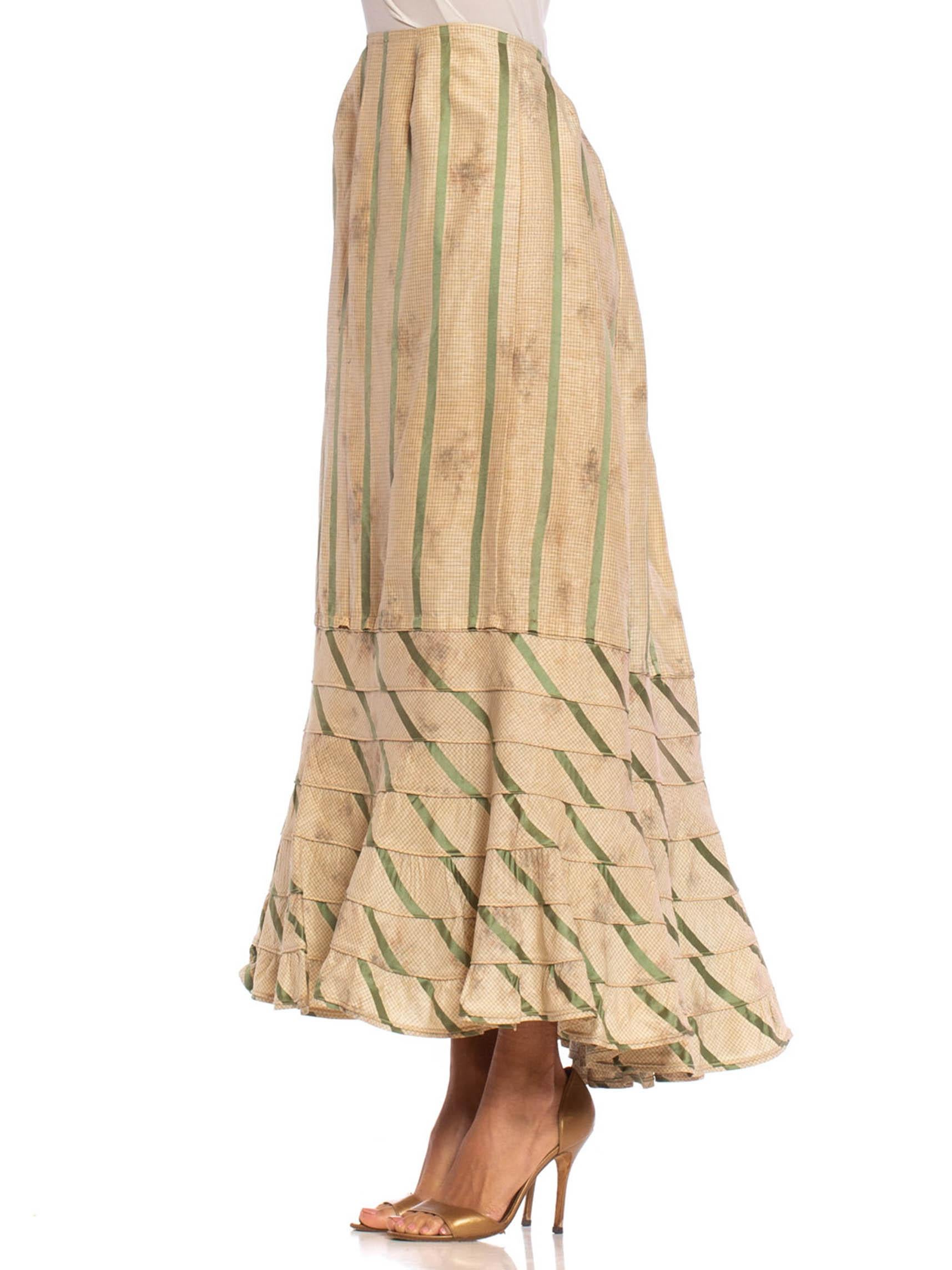 Victorian Off White & Green Silk Ikat Shadow Floral Satin Stripe 1890S Skirt Fr For Sale 1