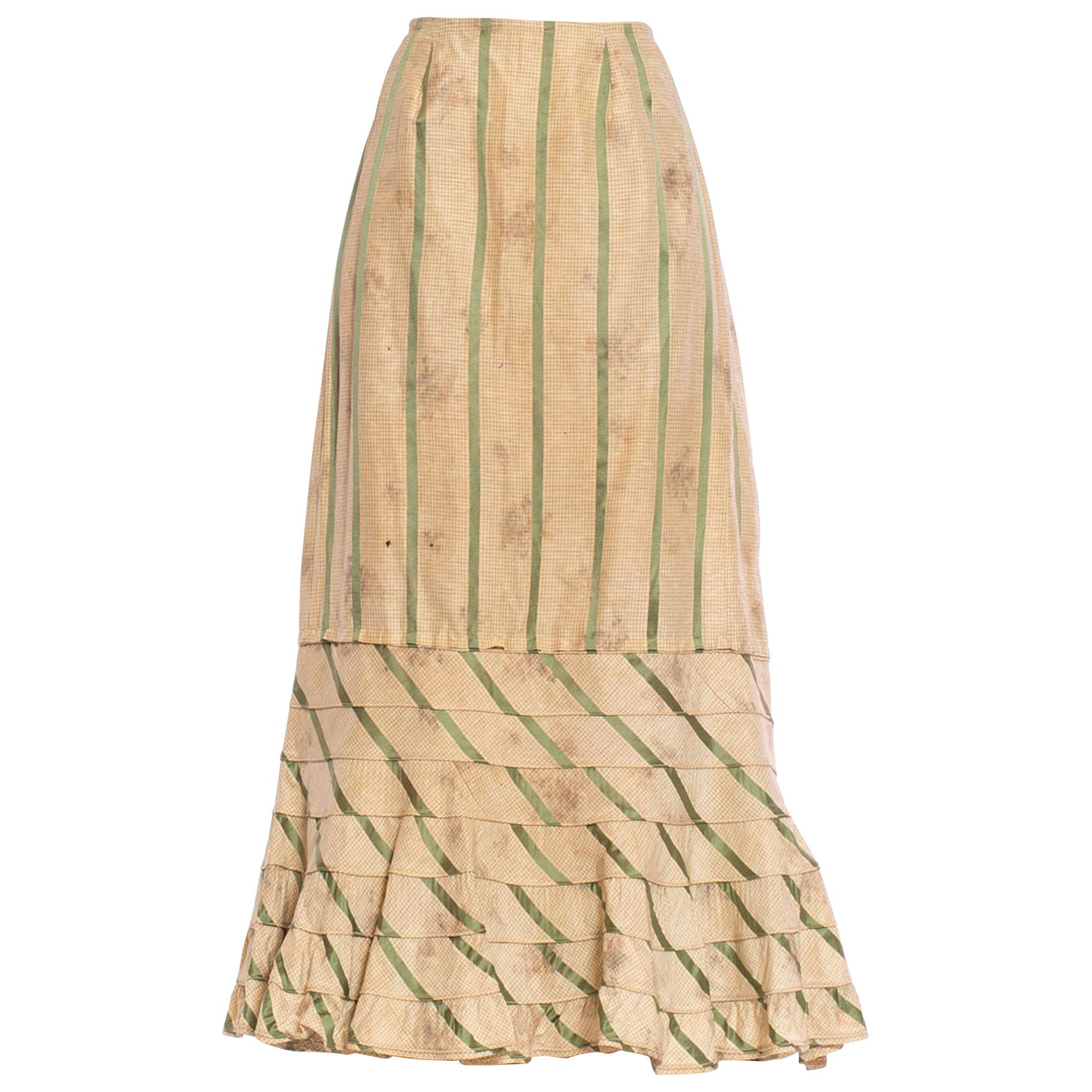 Victorian Off White & Green Silk Ikat Shadow Floral Satin Stripe 1890S Skirt Fr For Sale