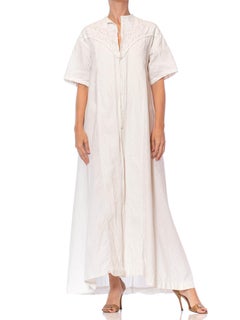 Victorian Off White Hand Embroidered Organic Linen Short Sleeve Nightgown Duste