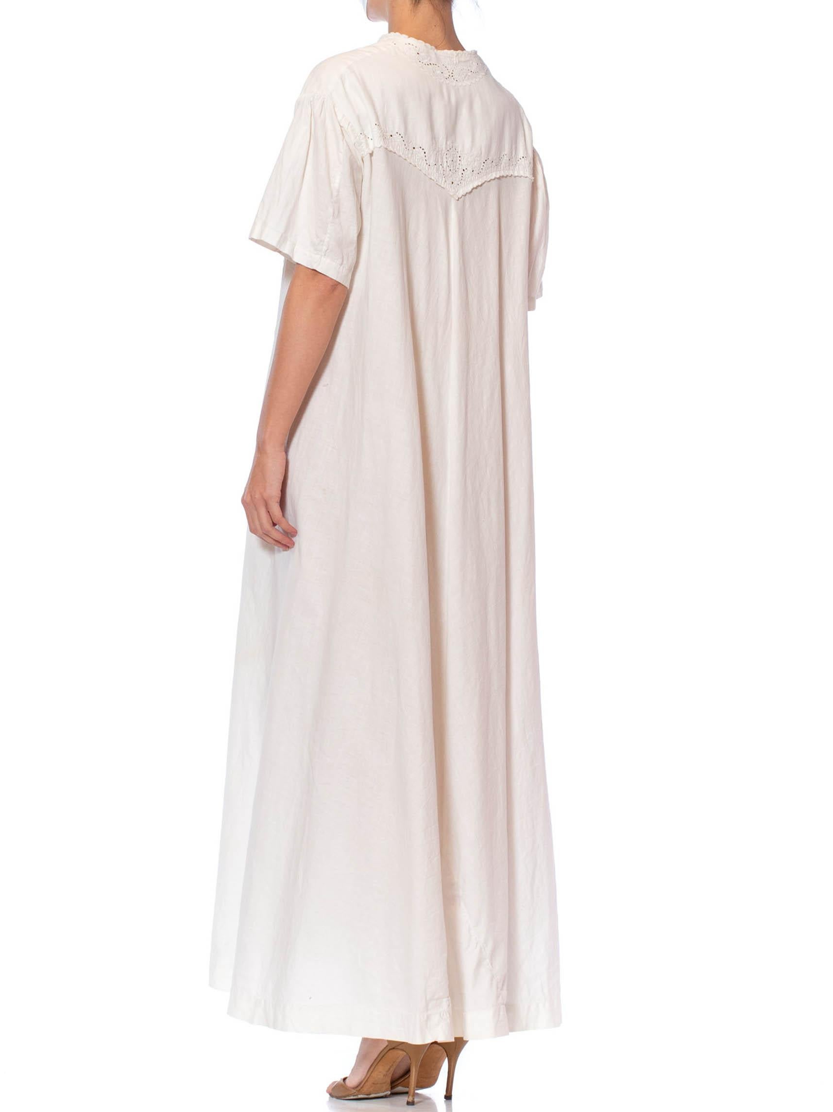 Women's Victorian Off White Hand Embroidered Organic Linen Short Sleeve Nightgown Duste For Sale