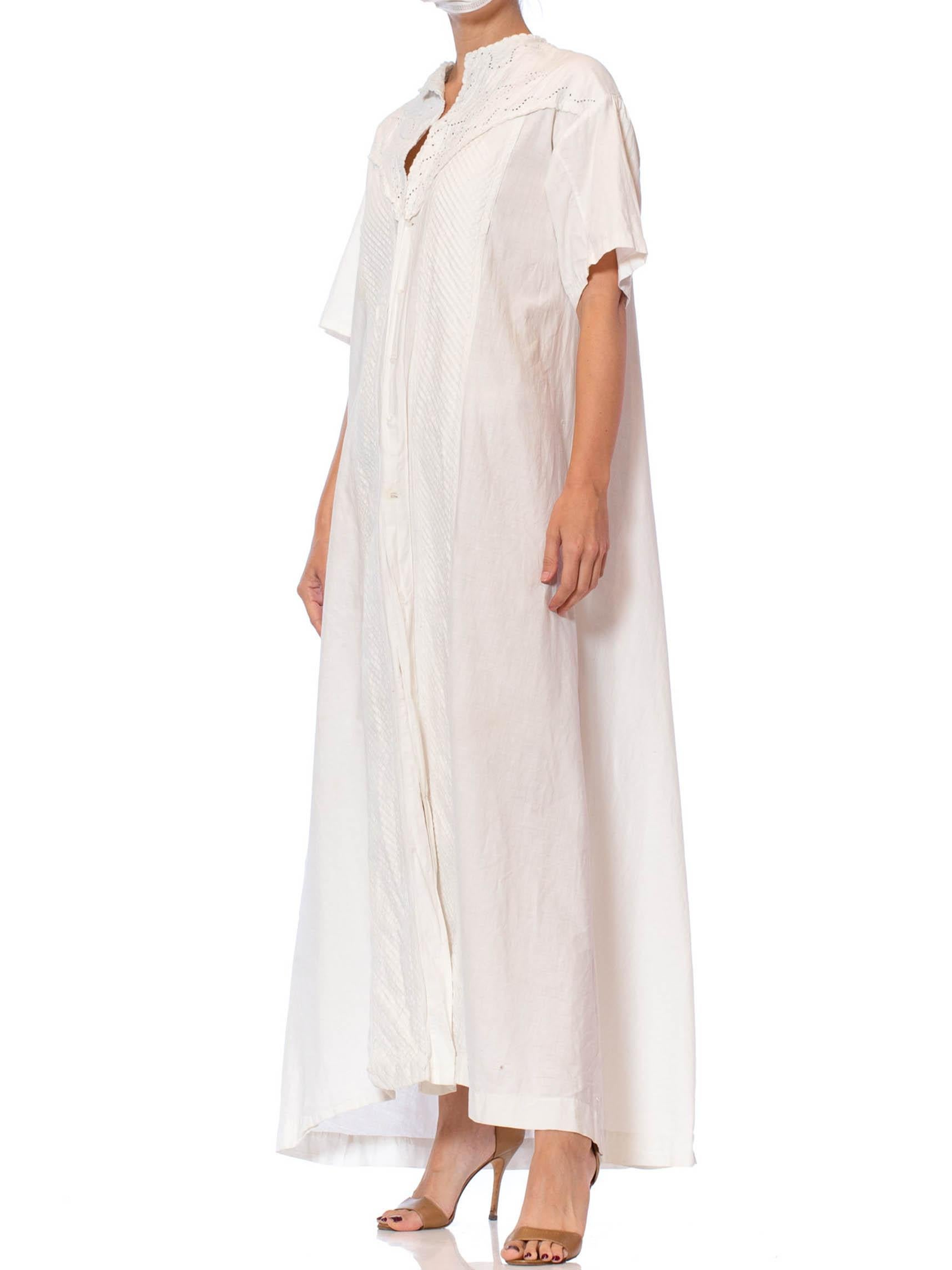 Victorian Off White Hand Embroidered Organic Linen Short Sleeve Nightgown Duste For Sale 1