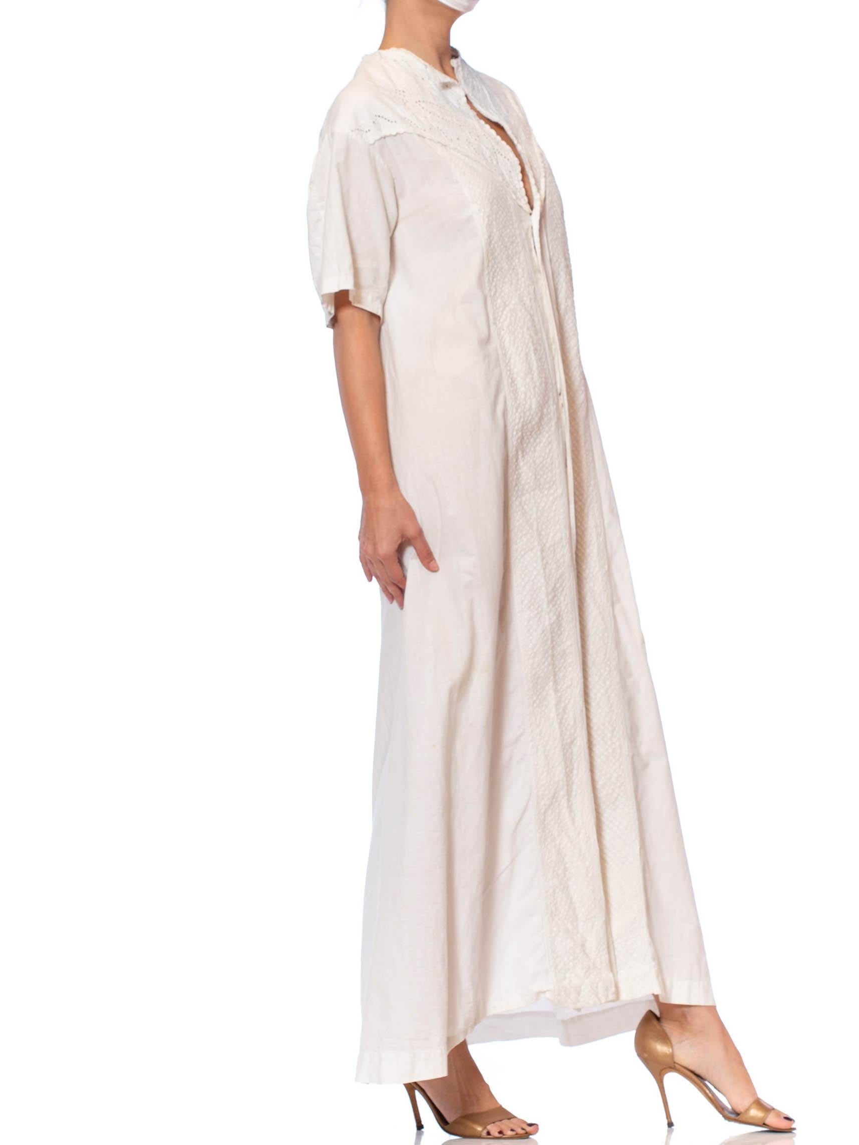 Victorian Off White Hand Embroidered Organic Linen Short Sleeve Nightgown Duste For Sale 2