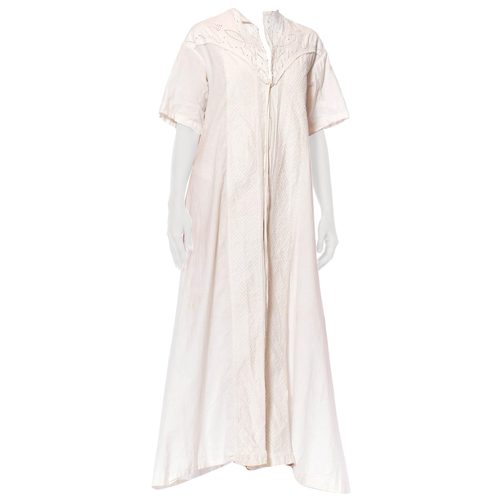 Victorian Off White Hand Embroidered Organic Linen Short Sleeve Nightgown Duste For Sale
