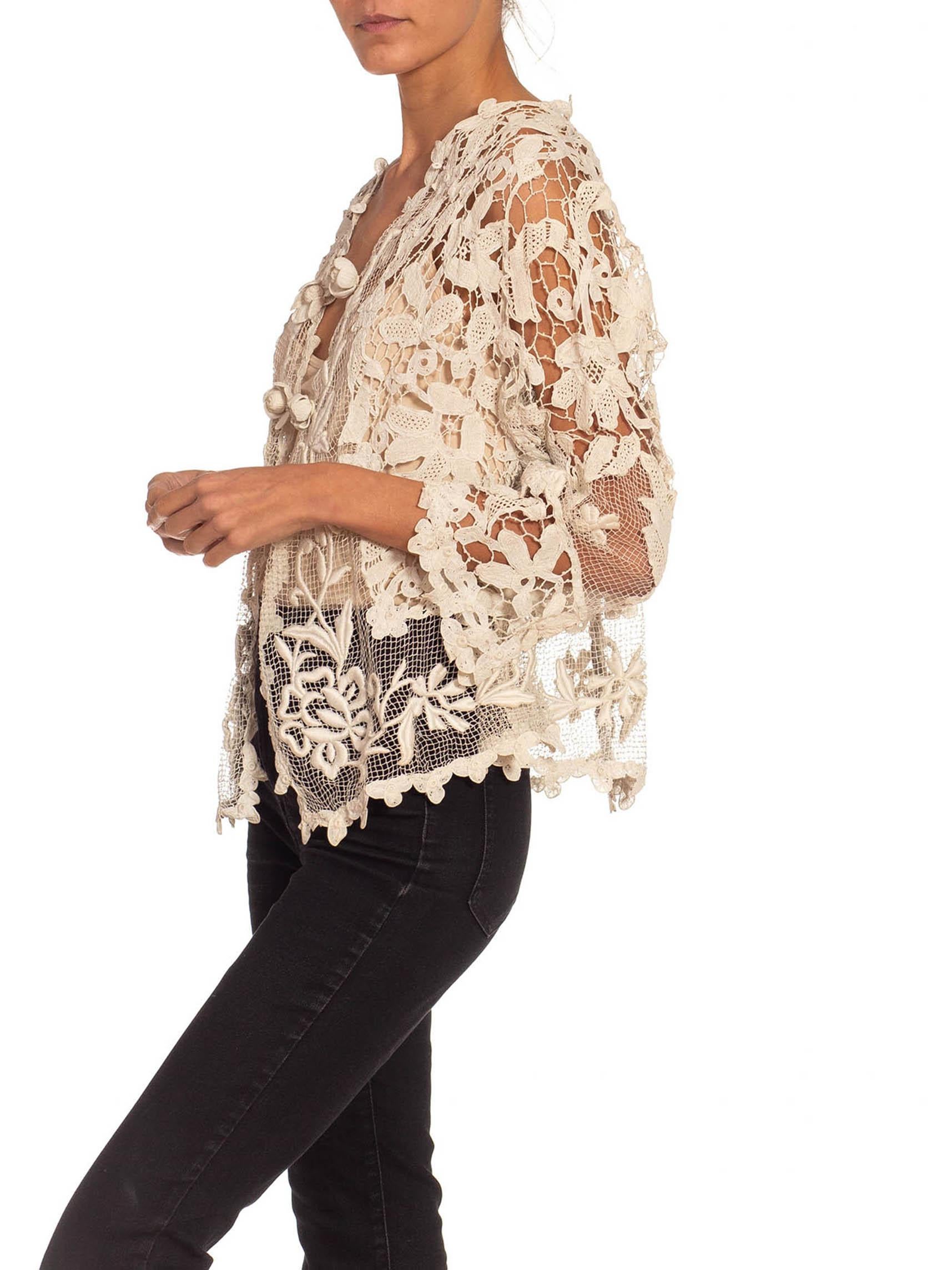 Women's Victorian Off White Needle Lace Long Sleeve Jacket With Flower Hooks For Sale