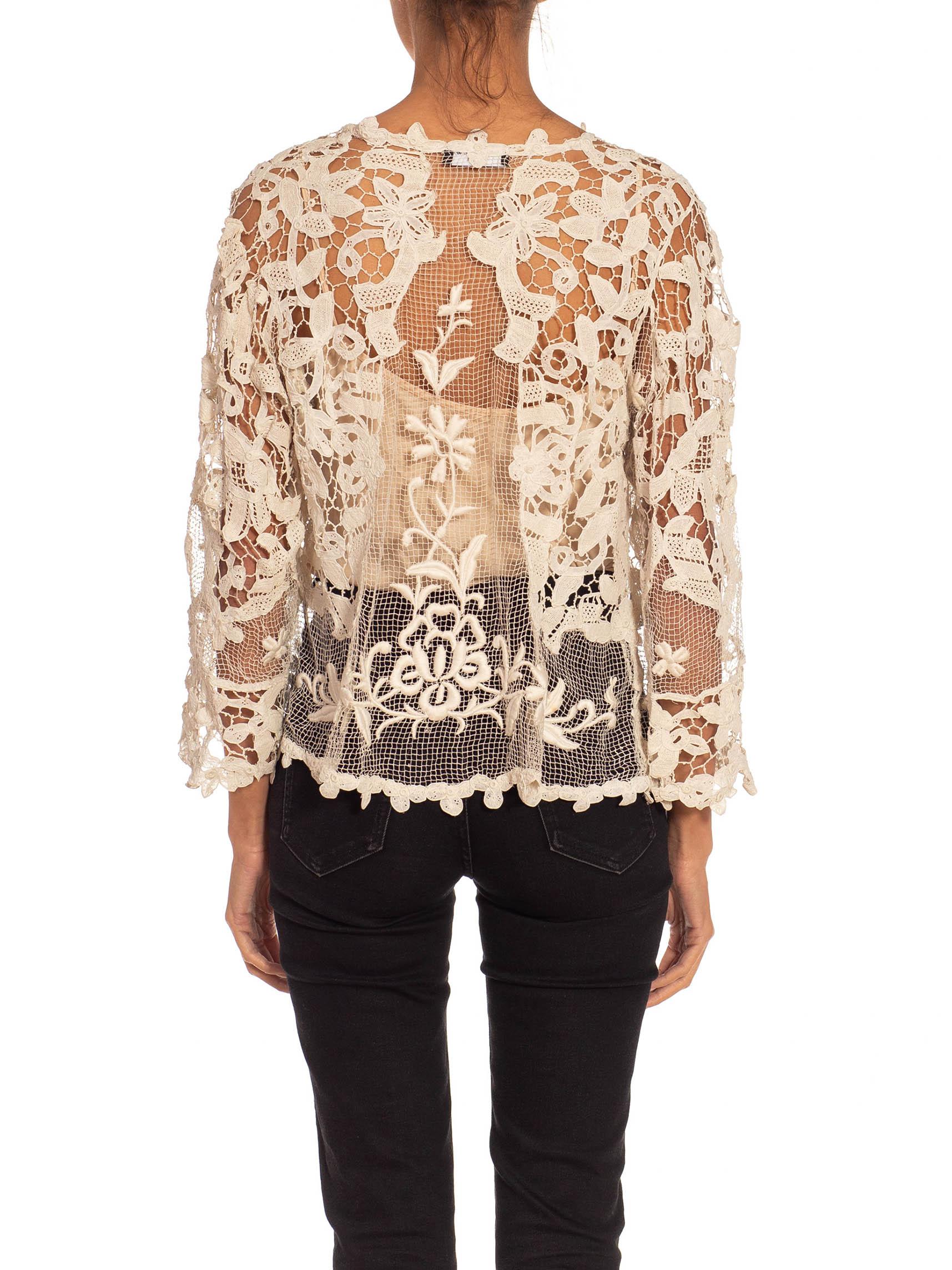 Victorian Off White Needle Lace Long Sleeve Jacket With Flower Hooks For Sale 1