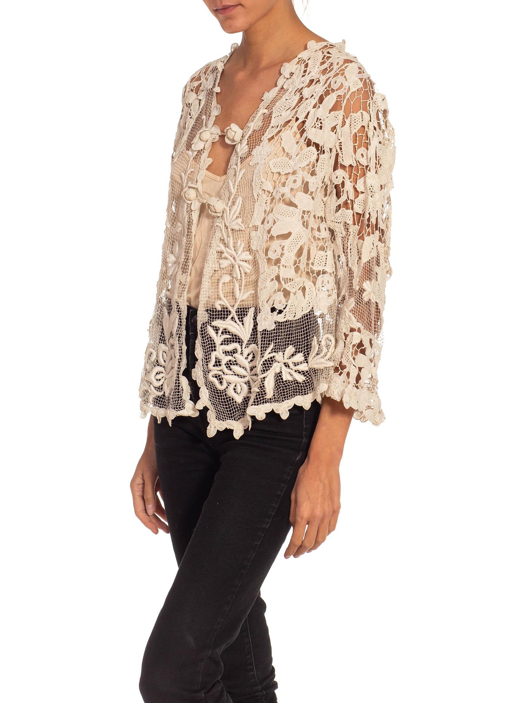 Victorian Off White Needle Lace Long Sleeve Jacket With Flower Hooks For Sale 4