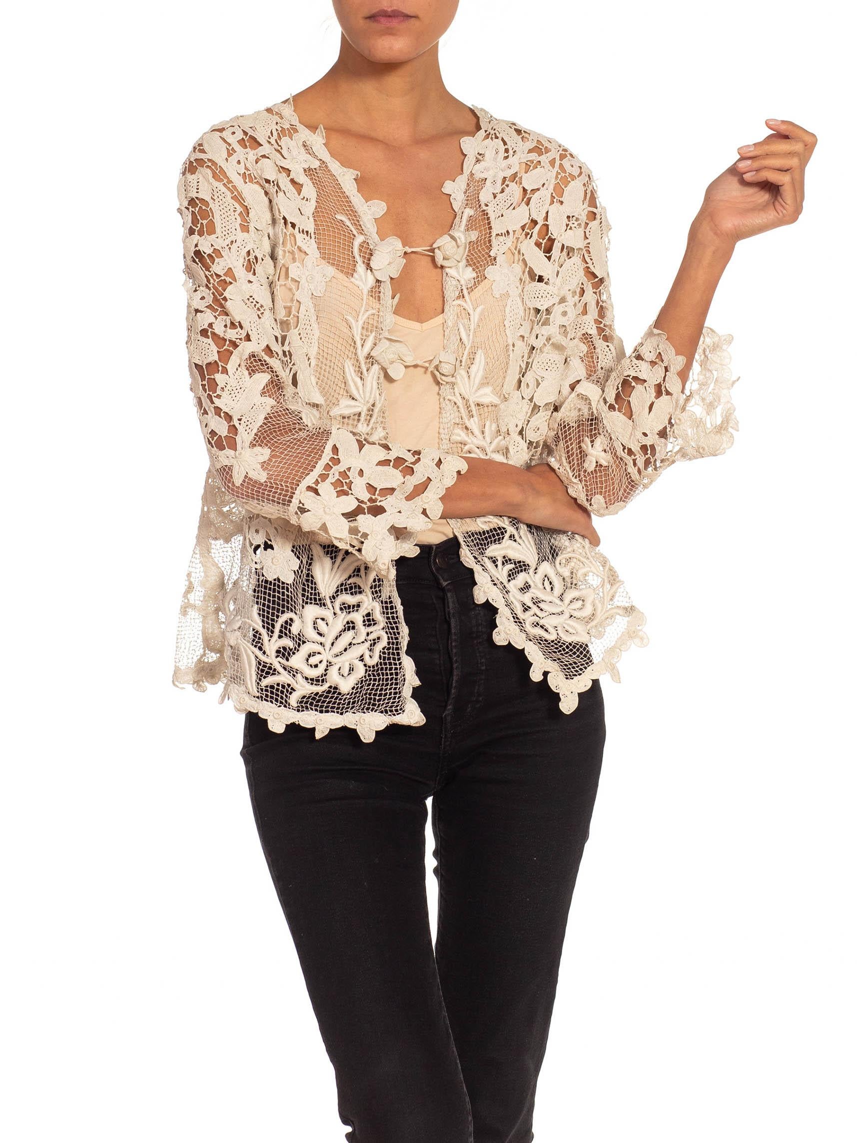 Victorian Off White Needle Lace Long Sleeve Jacket With Flower Hooks For Sale 5