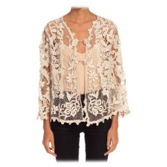 Viktorianische Off White Needle Lace Langarm Jacke mit Blumenhaken
