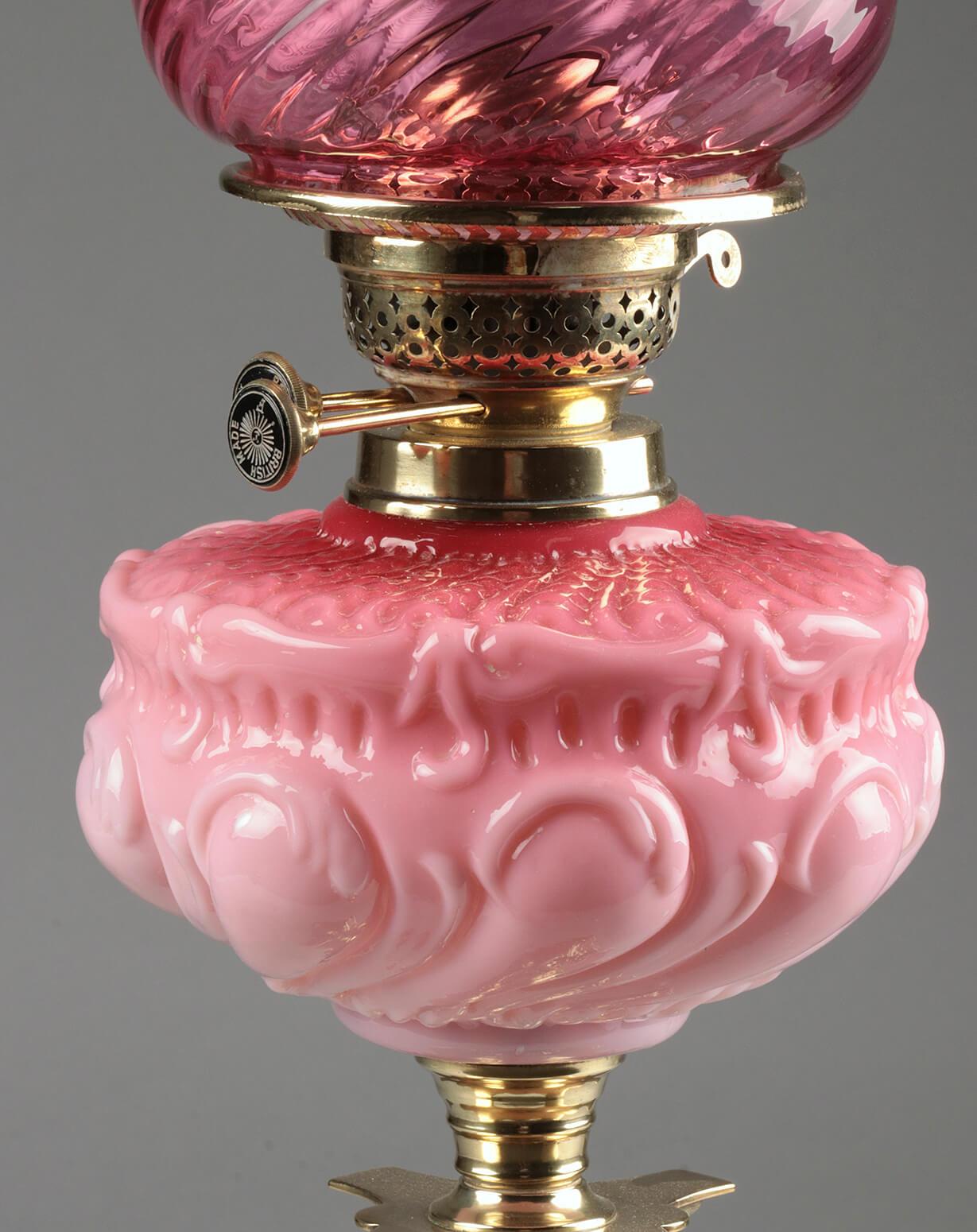 Victorian Oil lamp with Brass Foot and Pink Glass Shade 1
