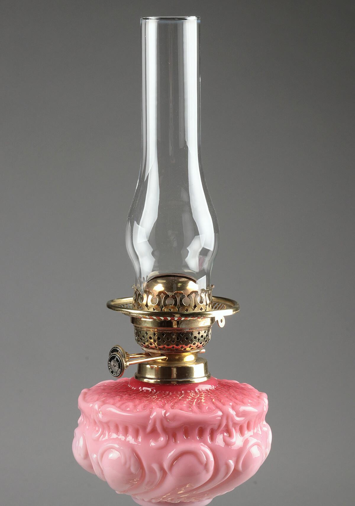 Victorian Oil lamp with Brass Foot and Pink Glass Shade