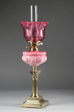 Victorian Oil lamp with Brass Foot and Pink Glass Shade