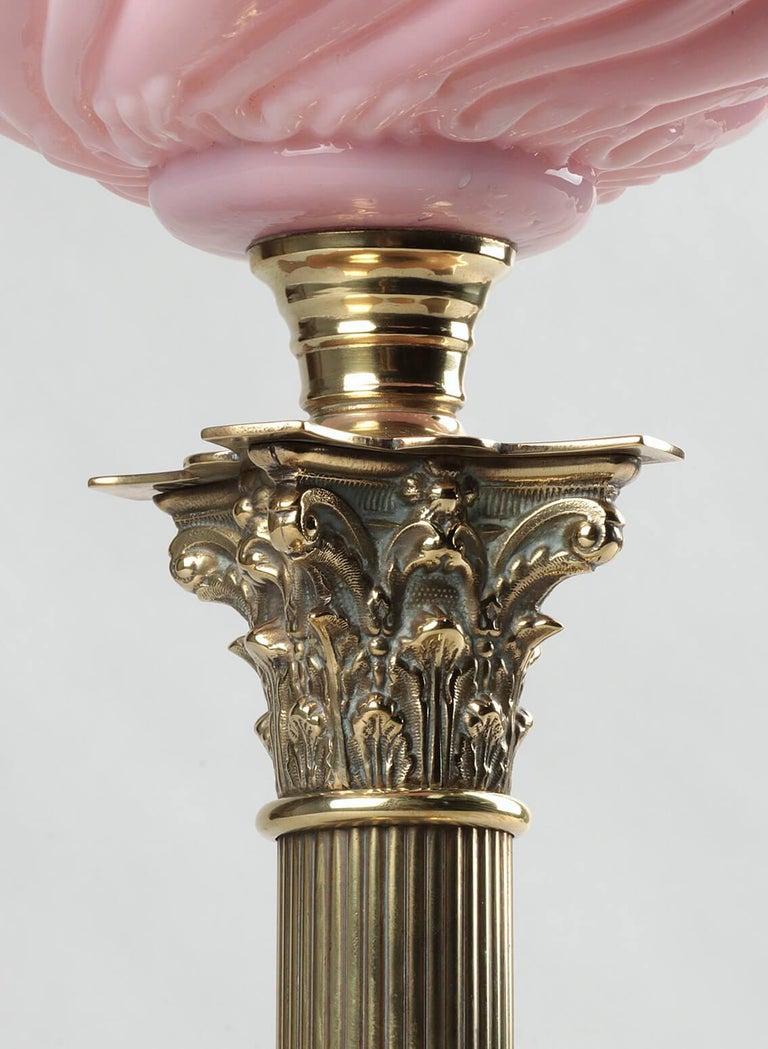 Victorian Oil lamp with Brass Foot and Pink Glass Shade at 1stDibs