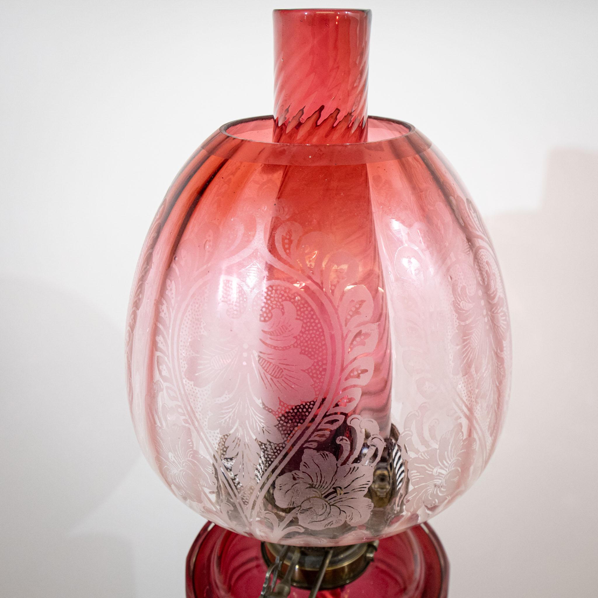 Brass Victorian Oil Lamp with Original Cranberry Glass For Sale