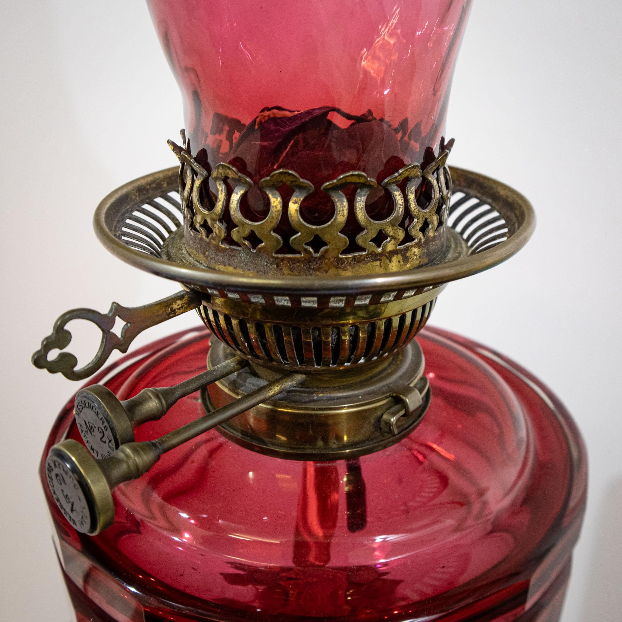 Victorian Oil Lamp with Original Cranberry Glass For Sale 1