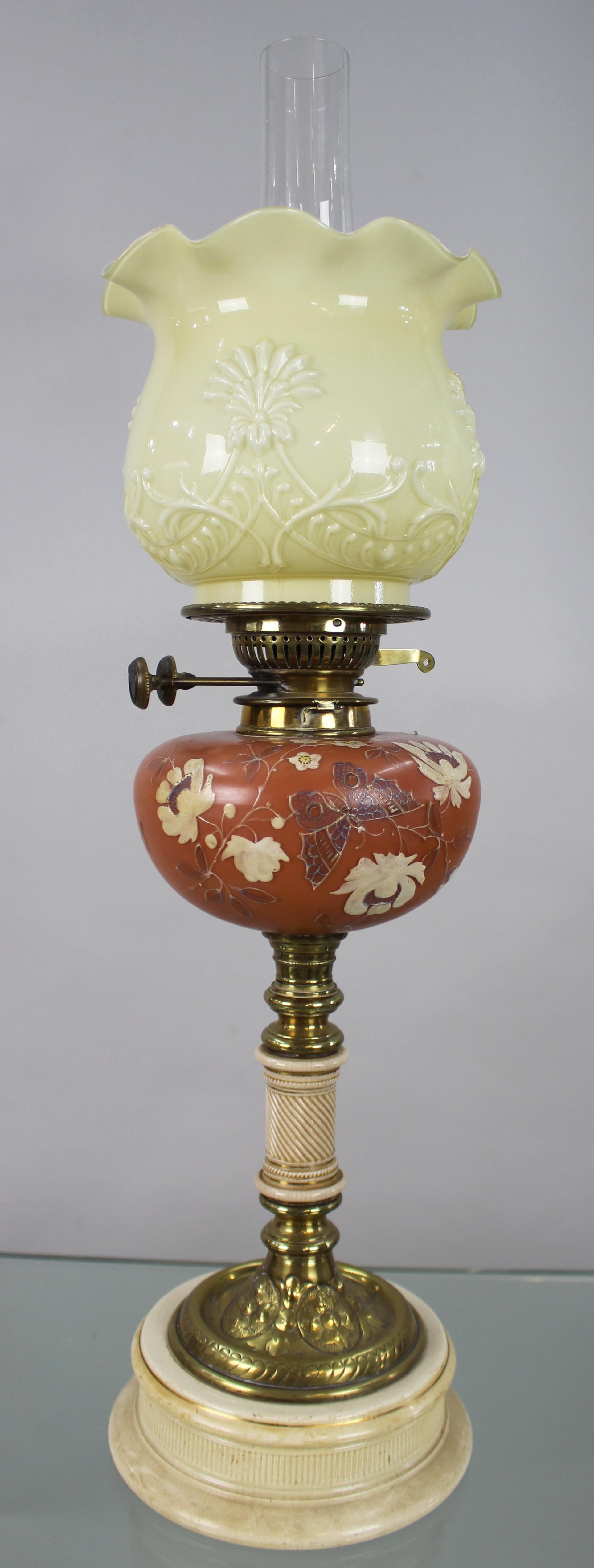 Victorian Oil Lamp with Painted Floral Font and Duplex Burner, c.1890 For Sale 4