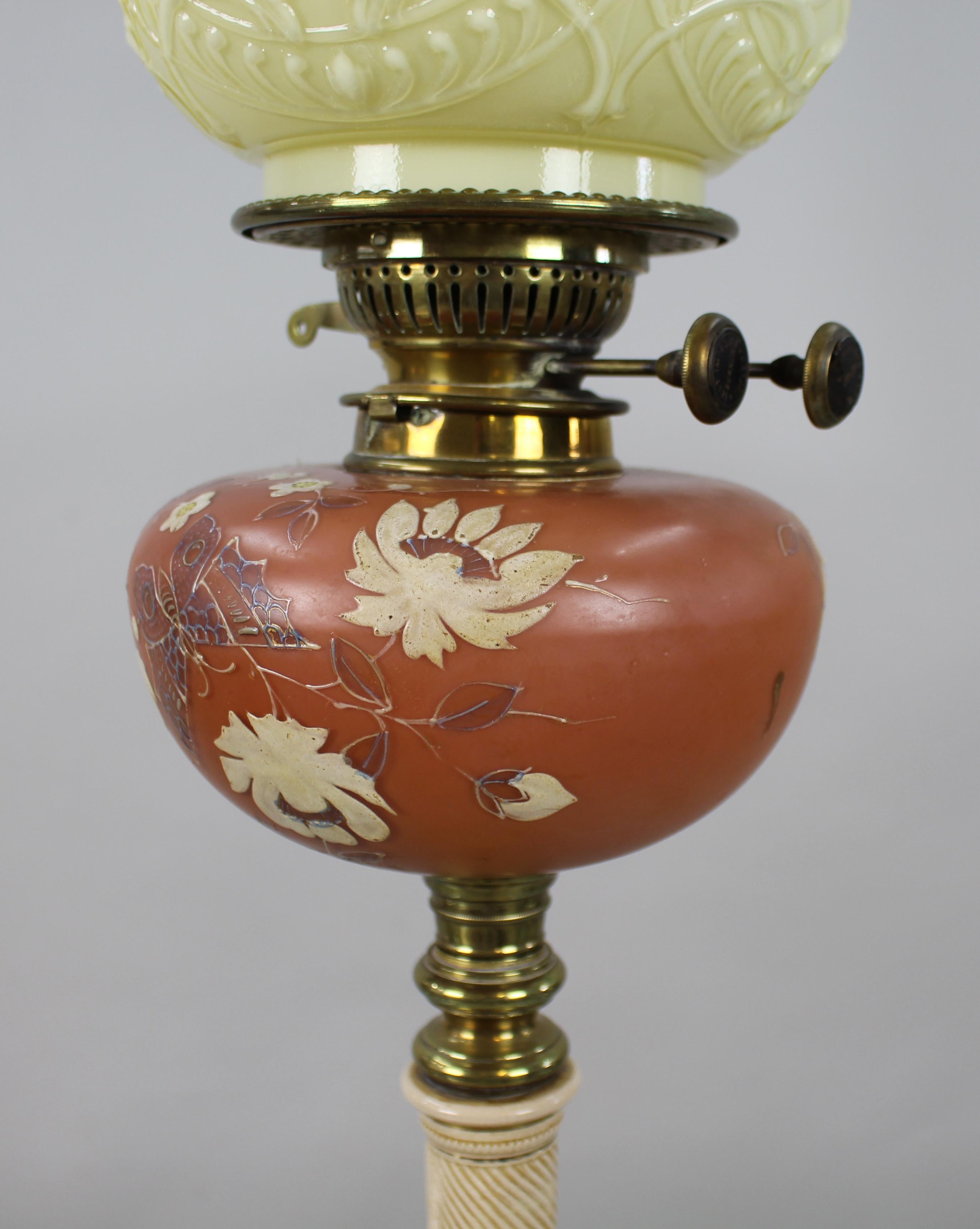 Victorian Oil Lamp with Painted Floral Font and Duplex Burner, c.1890 For Sale 6