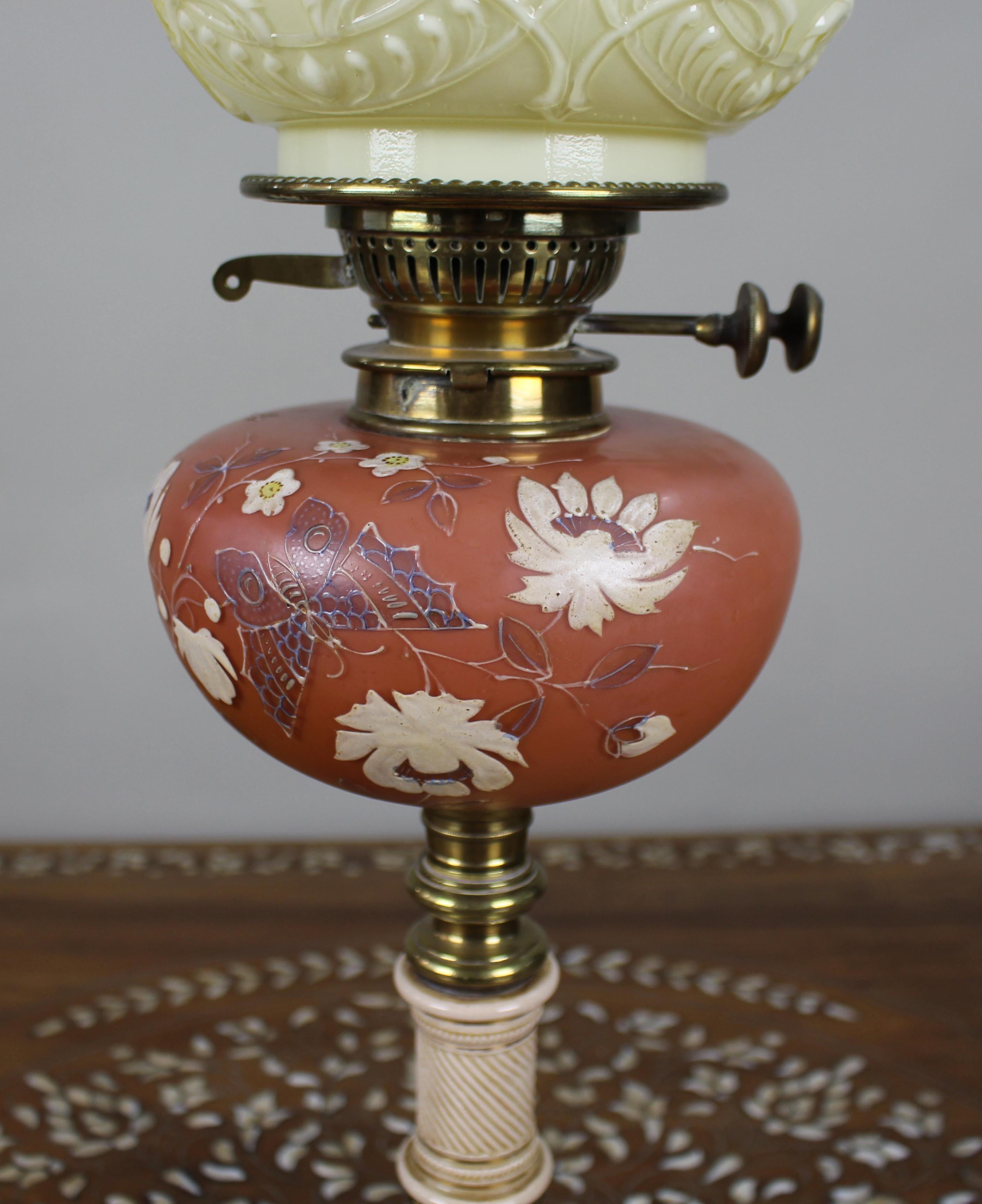 19th Century Victorian Oil Lamp with Painted Floral Font and Duplex Burner, c.1890 For Sale