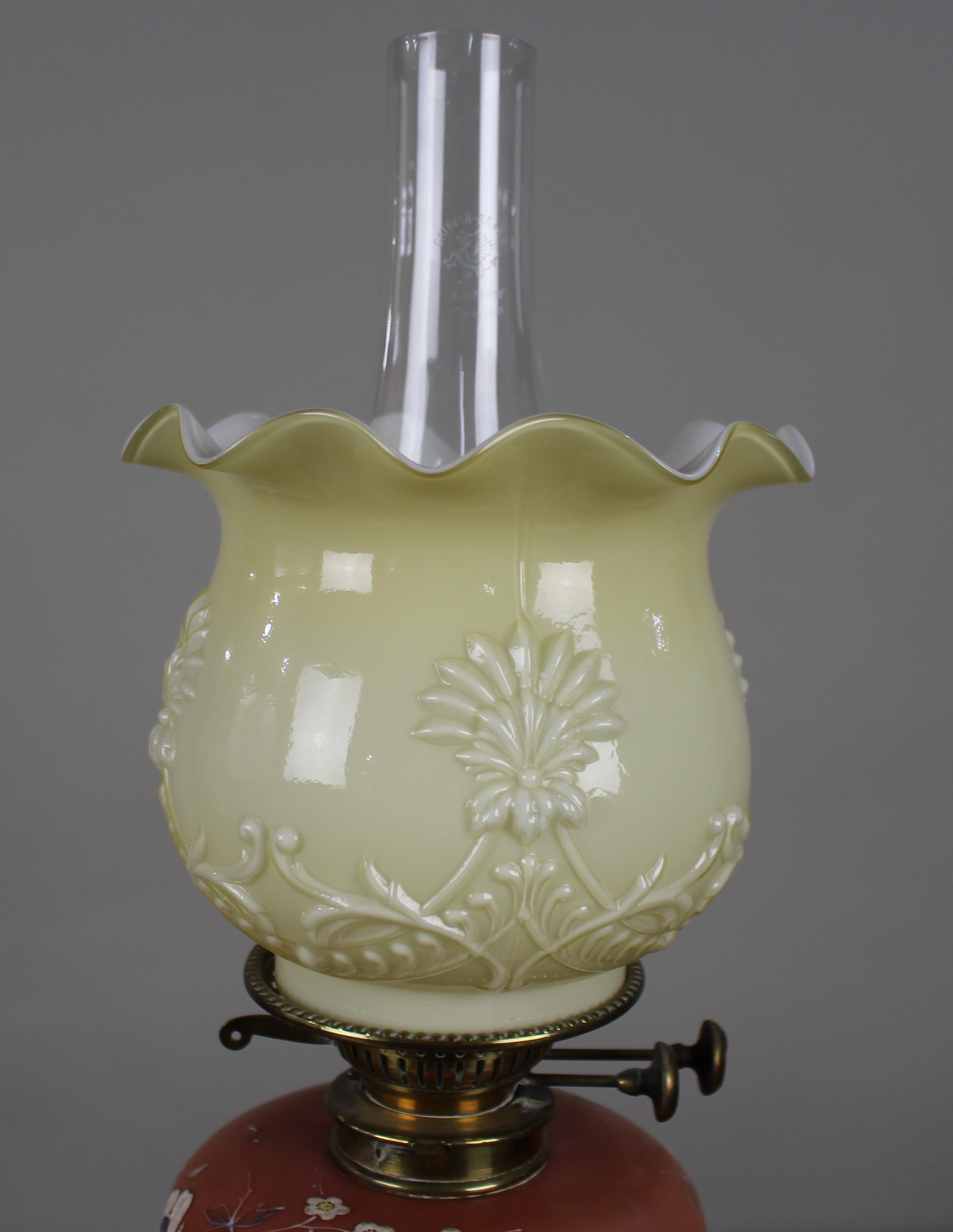 Opaline Glass Victorian Oil Lamp with Painted Floral Font and Duplex Burner, c.1890 For Sale
