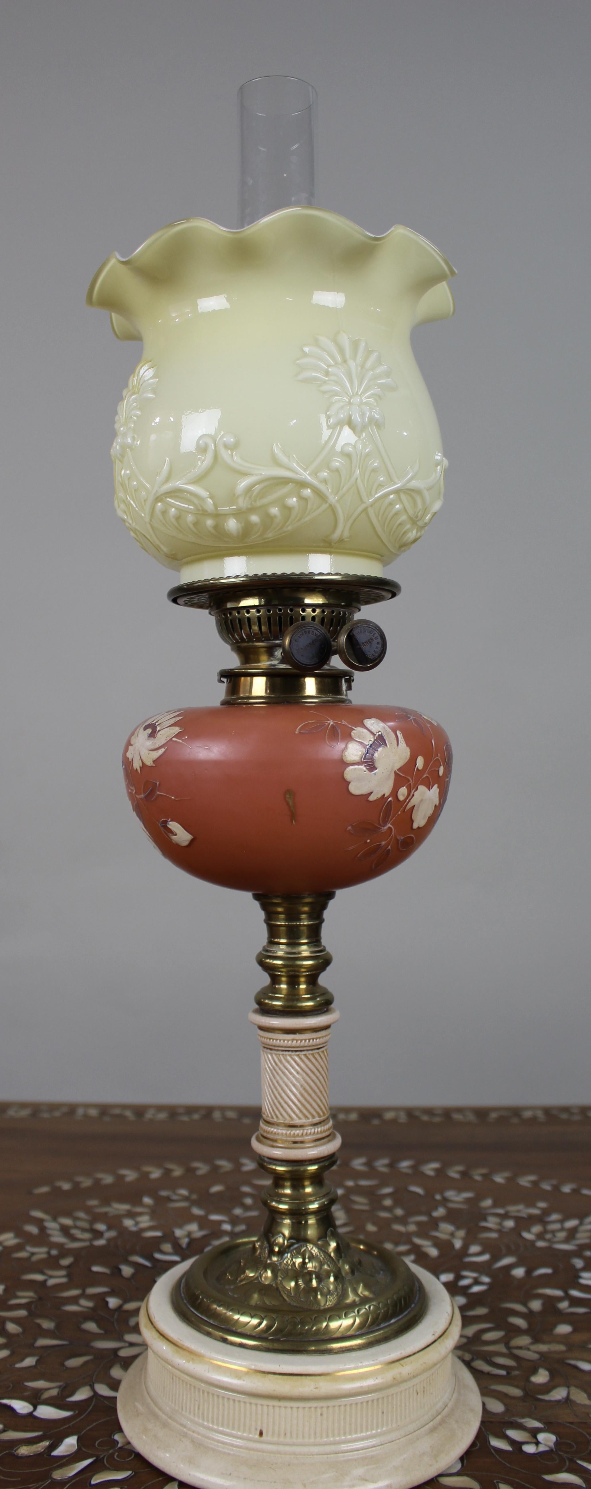 Victorian Oil Lamp with Painted Floral Font and Duplex Burner, c.1890 For Sale 2