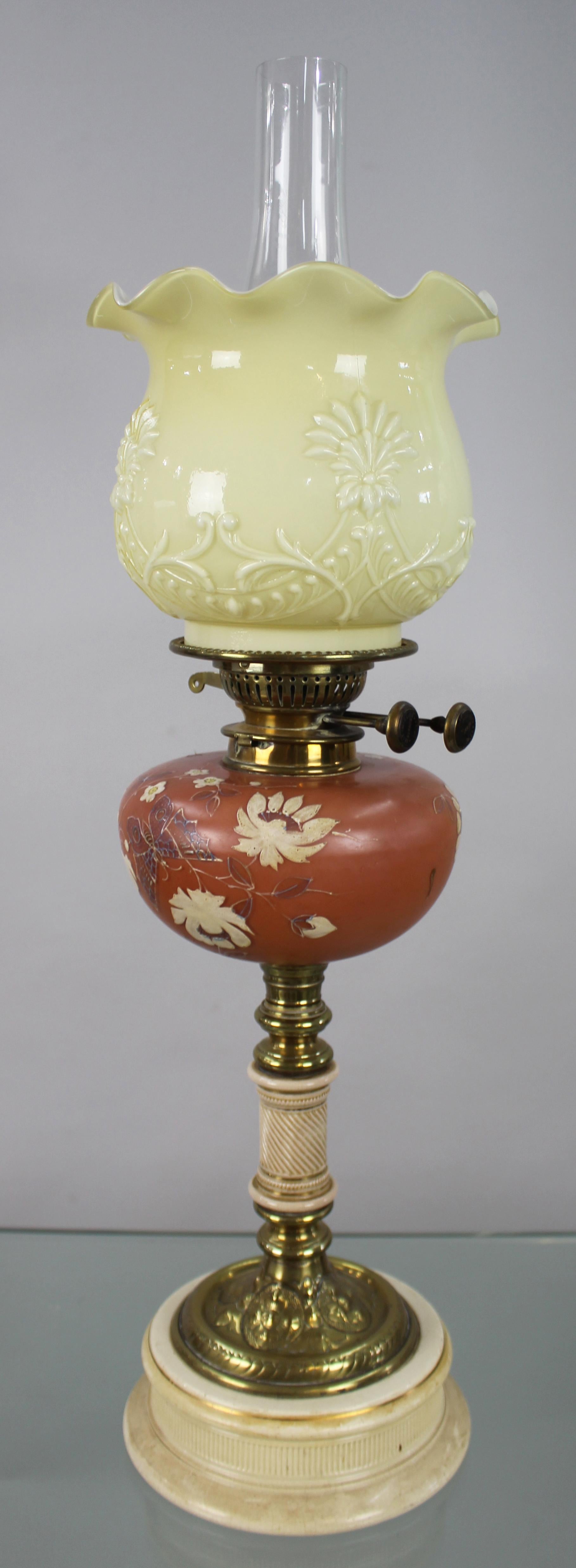 Victorian Oil Lamp with Painted Floral Font and Duplex Burner, c.1890 For Sale 3