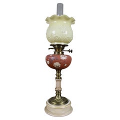 Antique Victorian Oil Lamp with Painted Floral Font and Duplex Burner, c.1890