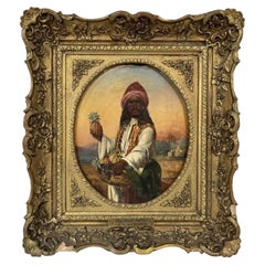Antique Victorian Oil on Board Portrait Painting "the Fruit Seller" by Edward Charles Ba