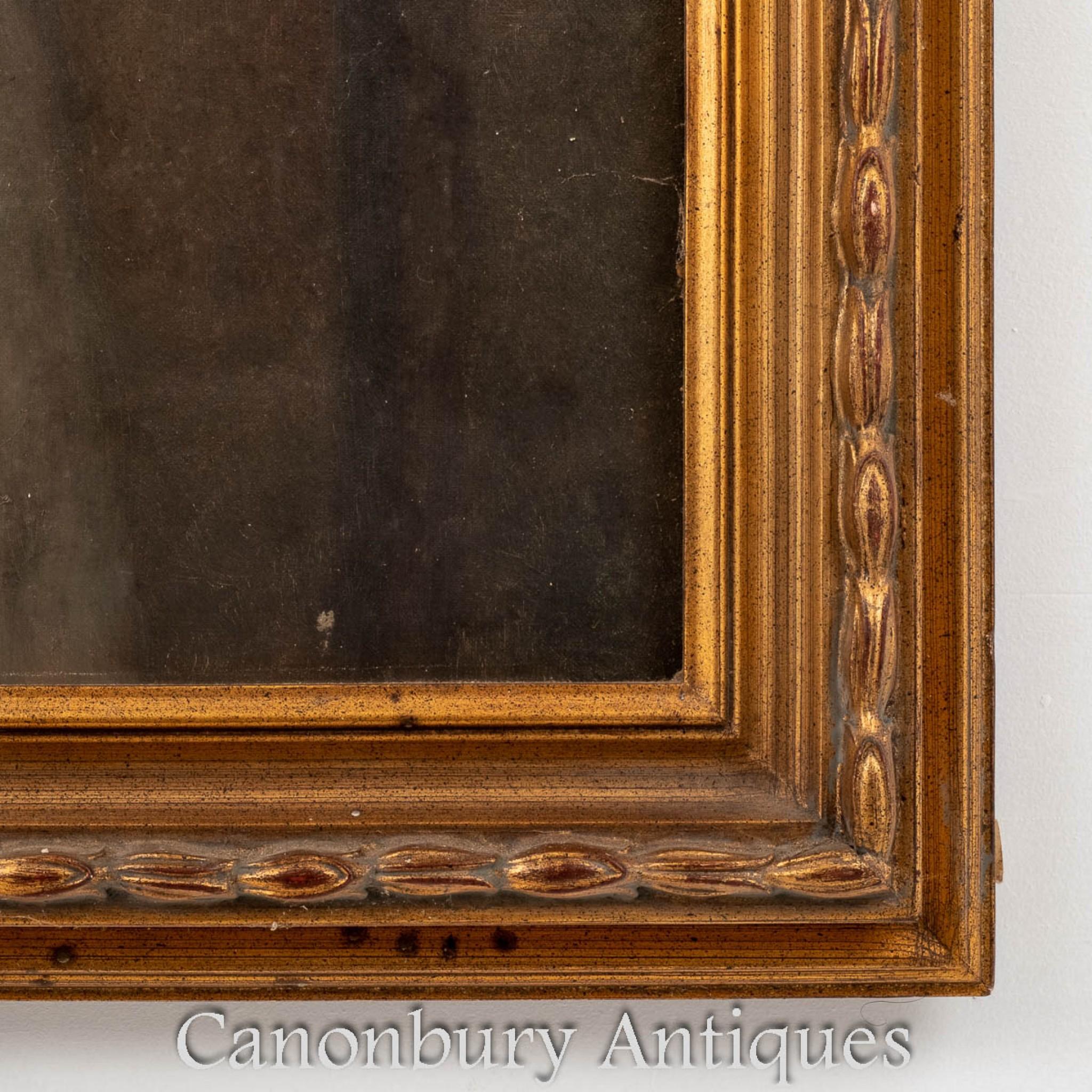 - Wonderful Victorian style oil painting of a young girl
- She appears to be an arists studio as the lady behind her holds a palette in her hand
- She is talking to another man with spectacles
- Great work of art, ready to add oomph to any interiors
