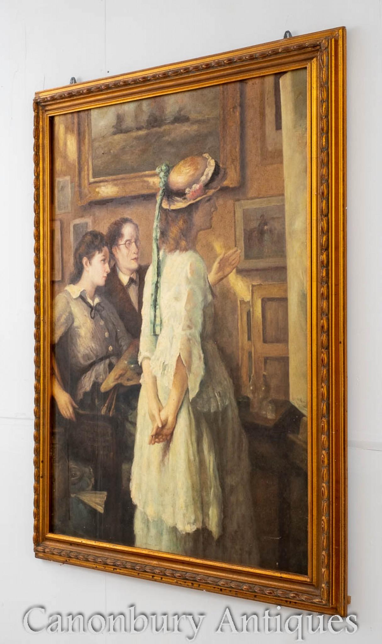 Late 20th Century Victorian Oil Painting Artists Studio Female Portrait For Sale