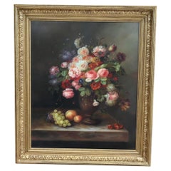 Peinture à l'huile victorienne Arrangement floral Vaporisateur floral Cadre doré