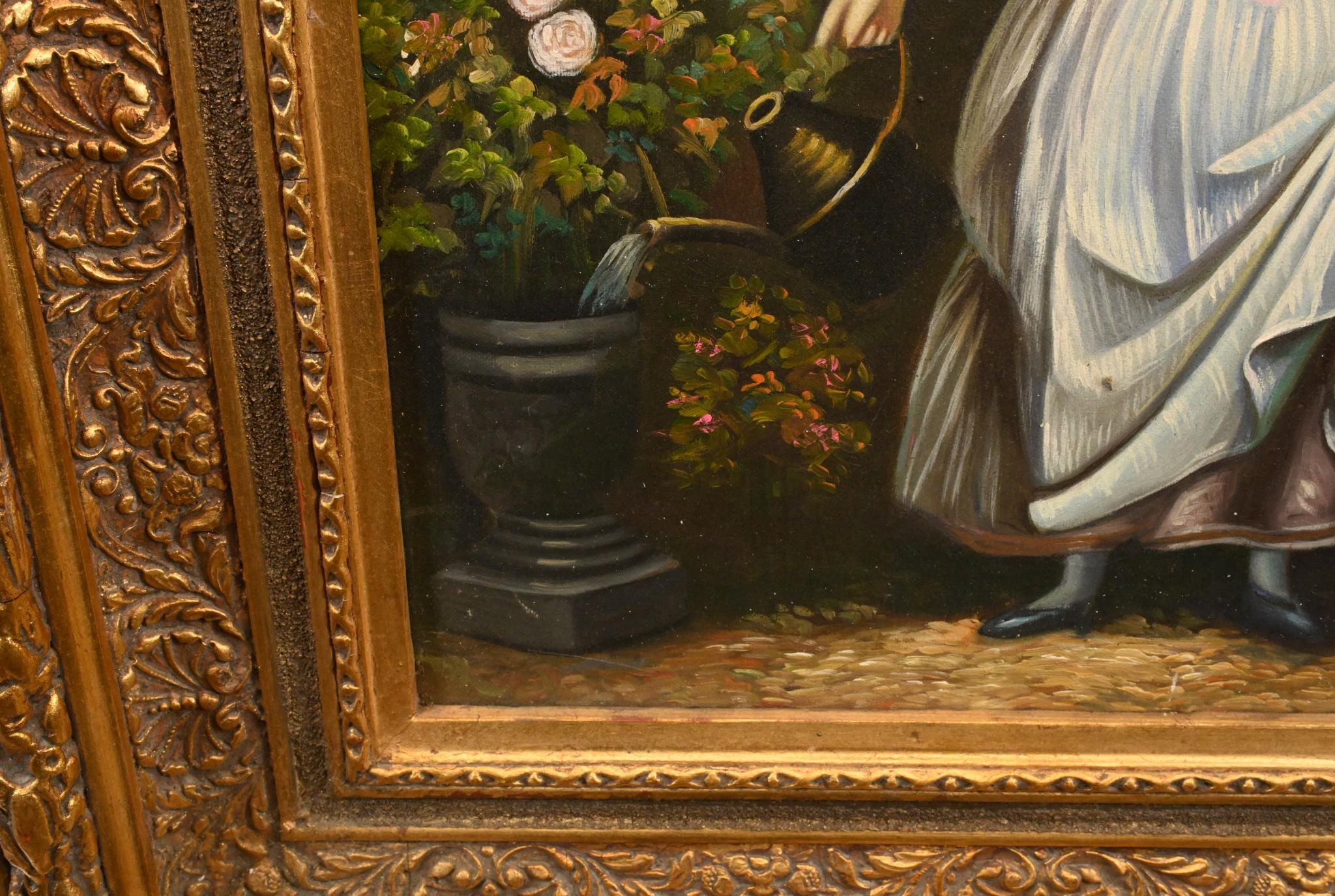 Splendido dipinto a olio in stile vittoriano di una giovane donna che fa giardinaggio
L'artista ha catturato la scena con grande maestria.
Cornice dorata molto intricata e ben lavorata
Un grande ritratto pronto a diventare protagonista di qualsiasi
