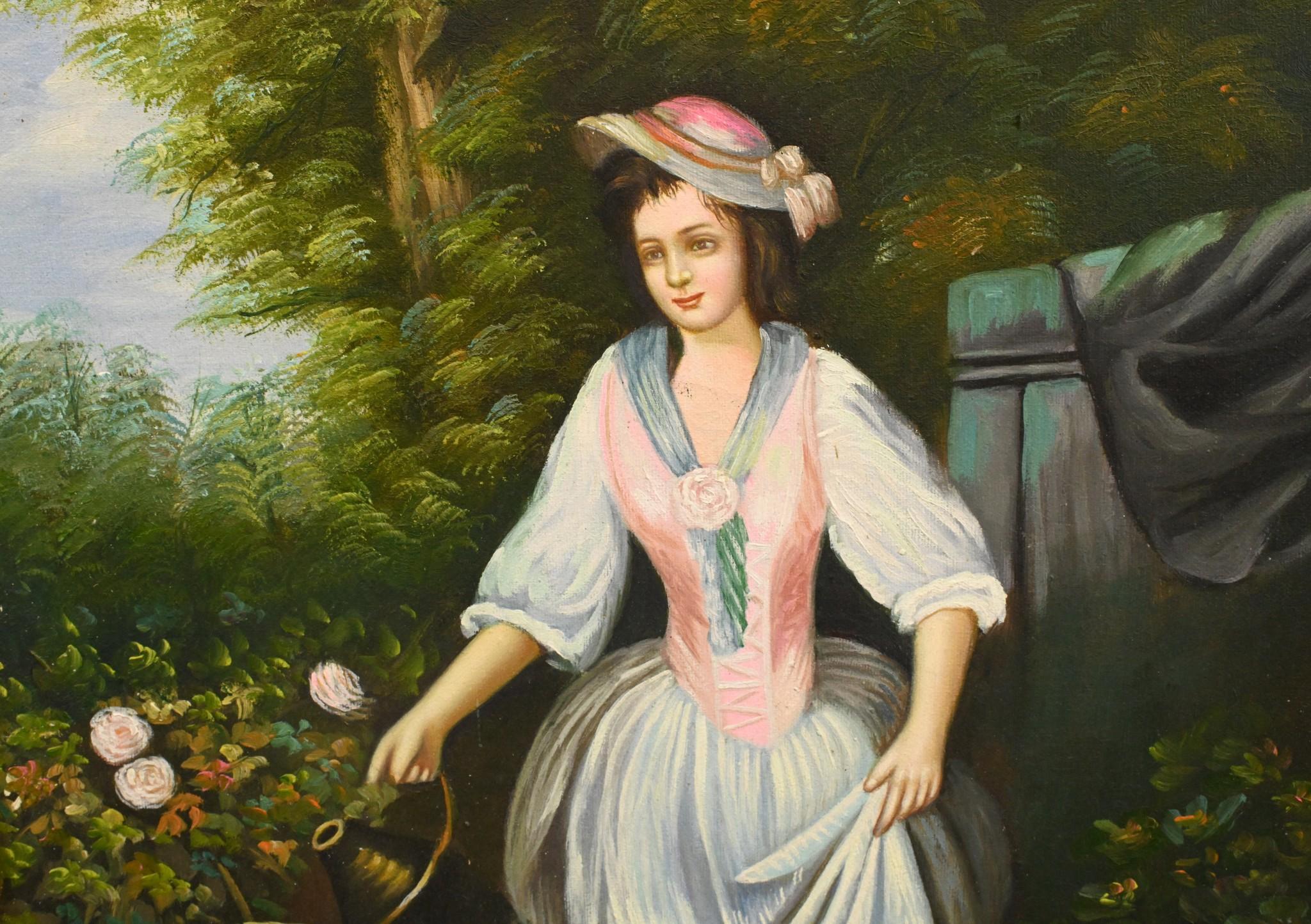 Vittoriano Pittura a olio vittoriana con ritratto di donna che fa giardinaggio con cornice dorata in vendita