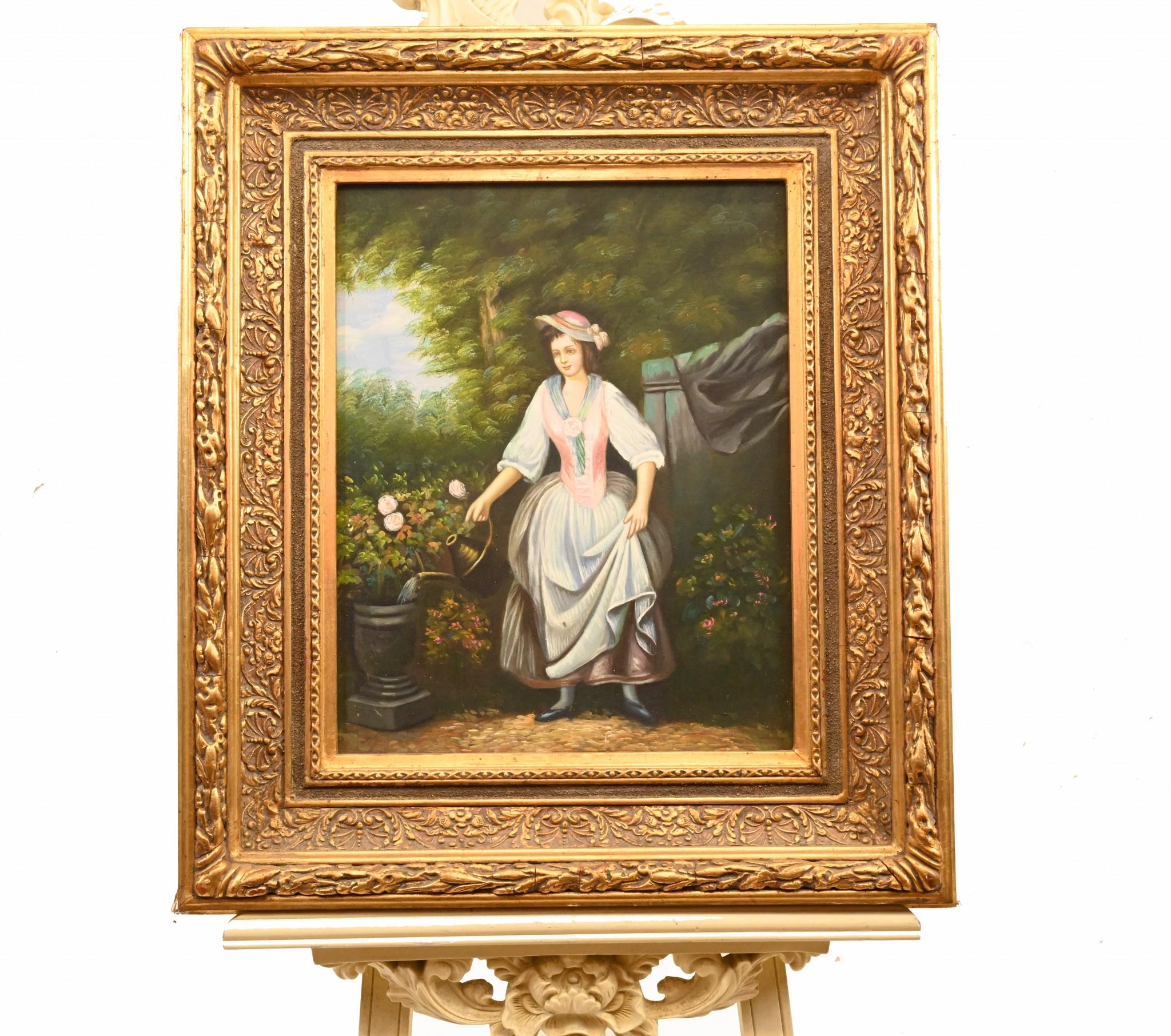Fine XX secolo Pittura a olio vittoriana con ritratto di donna che fa giardinaggio con cornice dorata in vendita