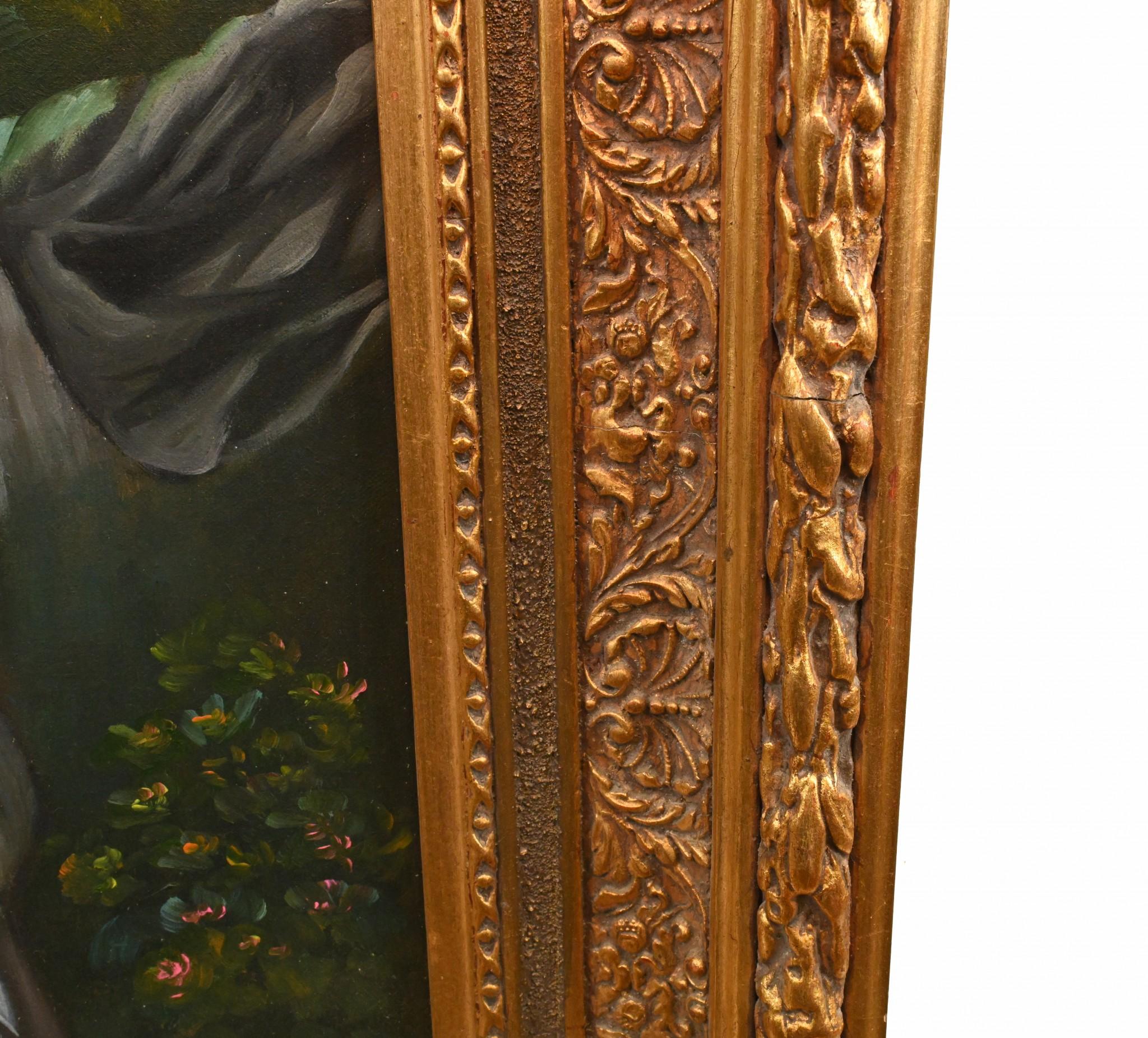 Pittura a olio vittoriana con ritratto di donna che fa giardinaggio con cornice dorata in vendita 1