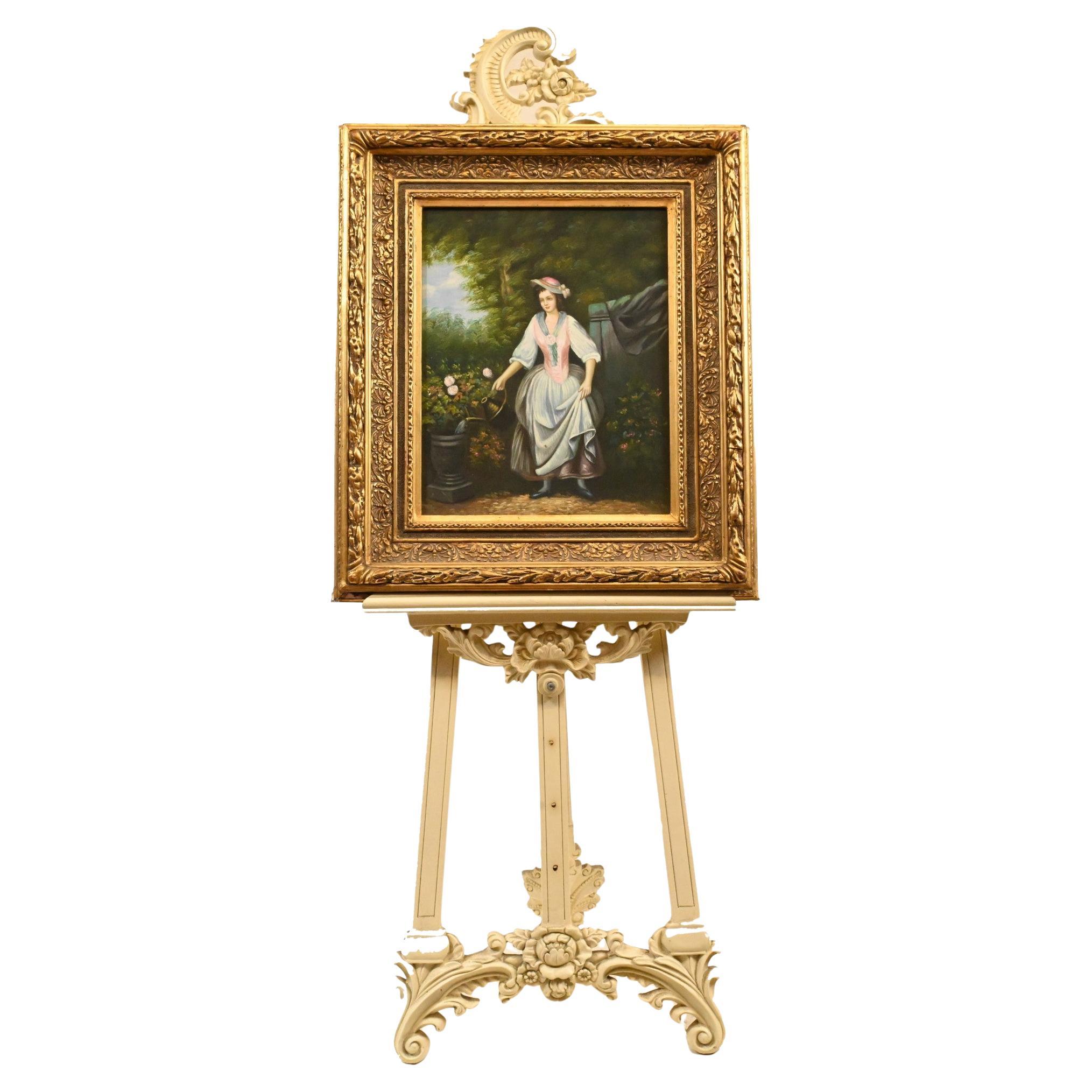 Pittura a olio vittoriana con ritratto di donna che fa giardinaggio con cornice dorata