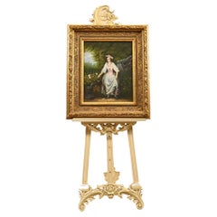 Pittura a olio vittoriana con ritratto di donna che fa giardinaggio con cornice dorata