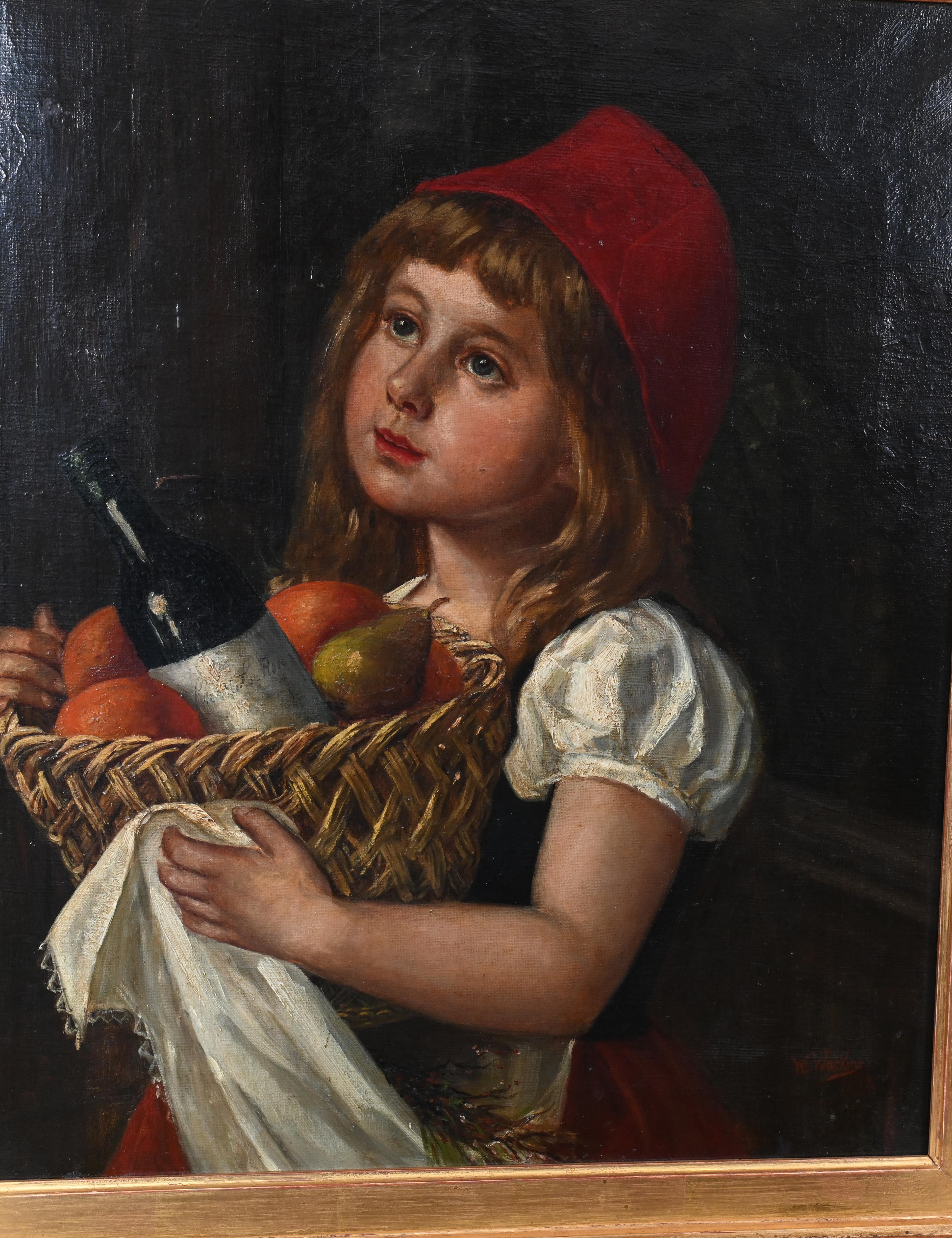Victorian Oil Painting Girl Red Hat WE Watkins In Good Condition For Sale In Potters Bar, GB