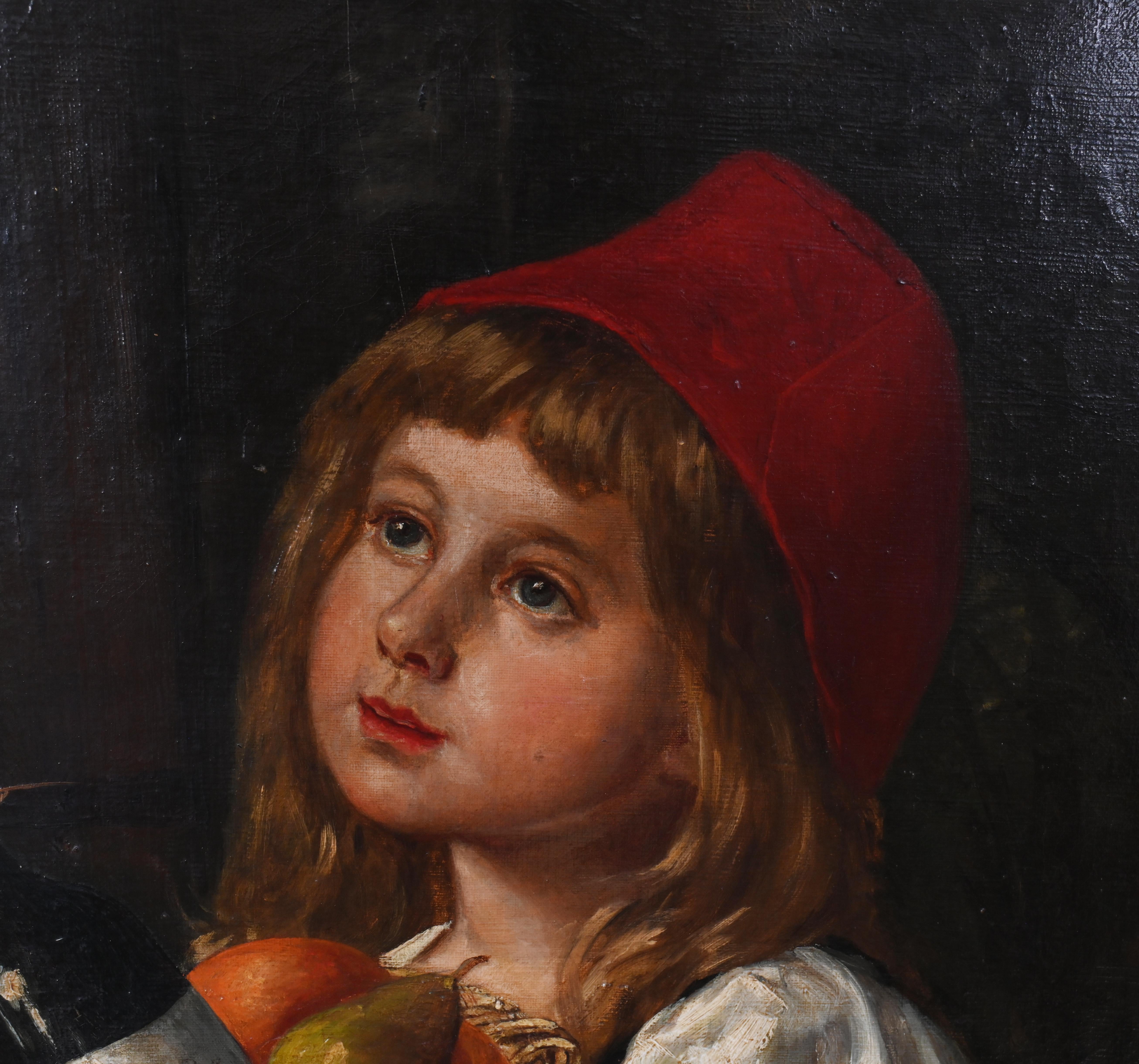 Victorian Oil Painting Girl Red Hat WE Watkins For Sale 1