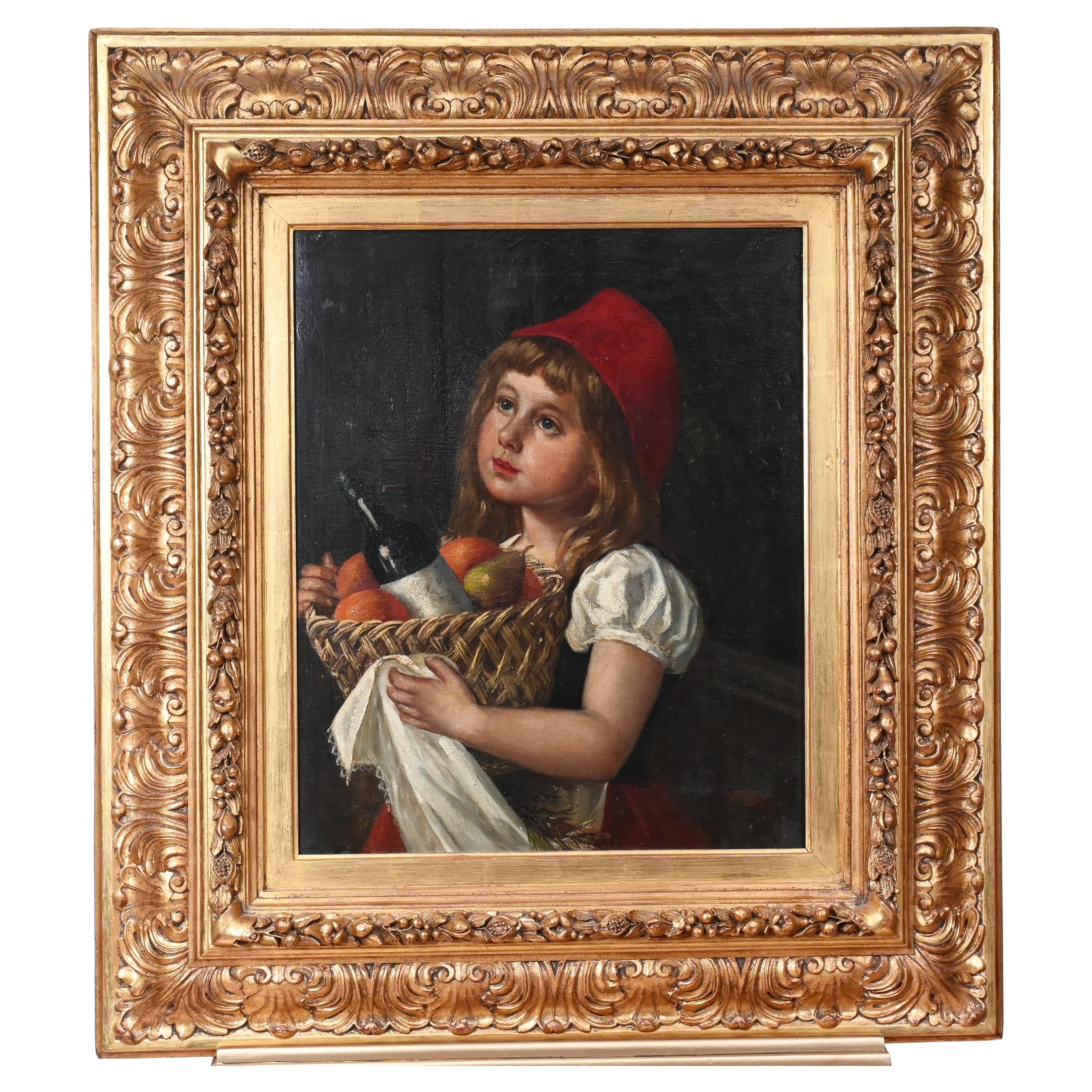 Victorian Oil Painting Girl Red Hat WE Watkins For Sale