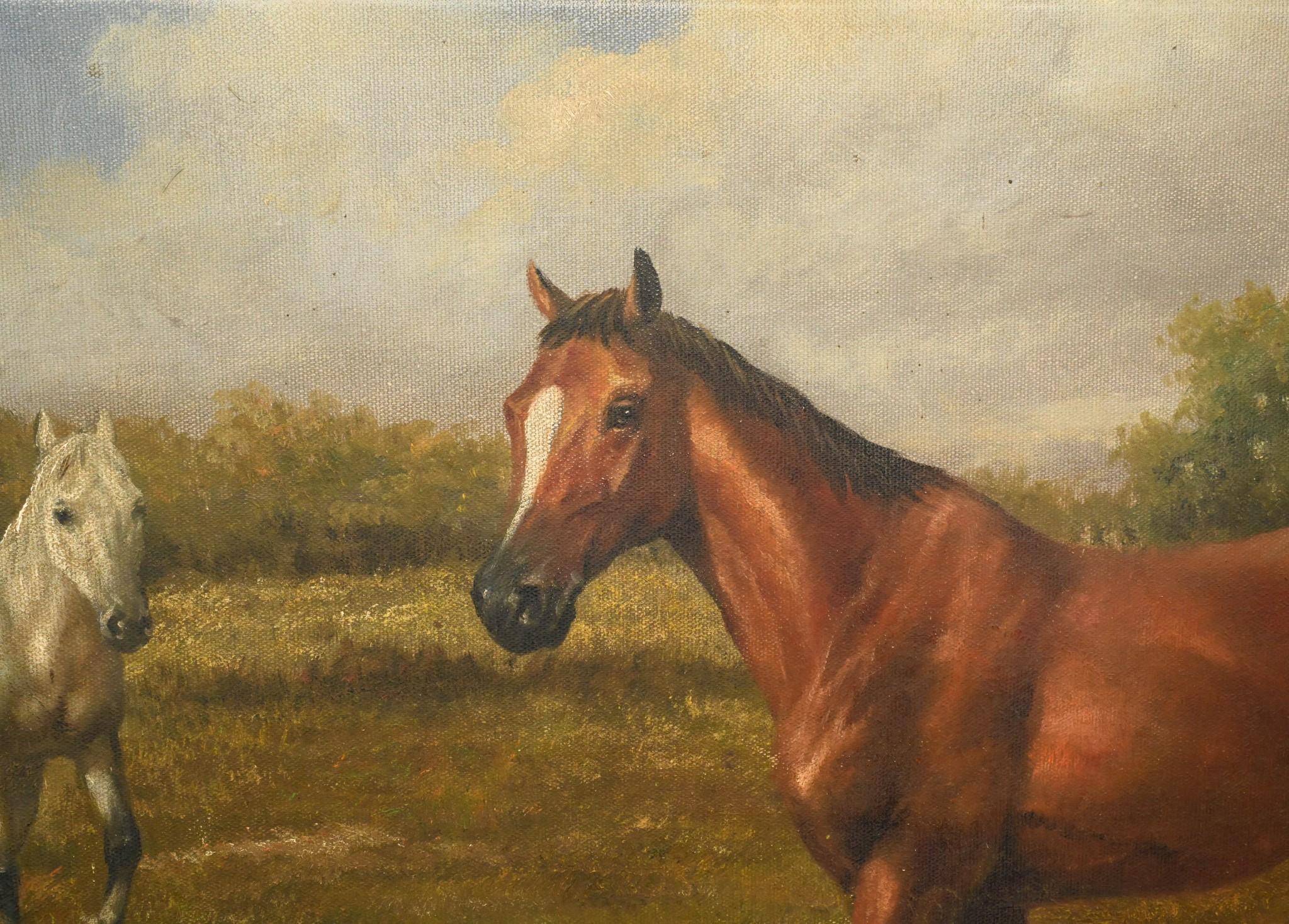 Late 20th Century Victorian Oil Painting Horse and Pony Art English Equestrian