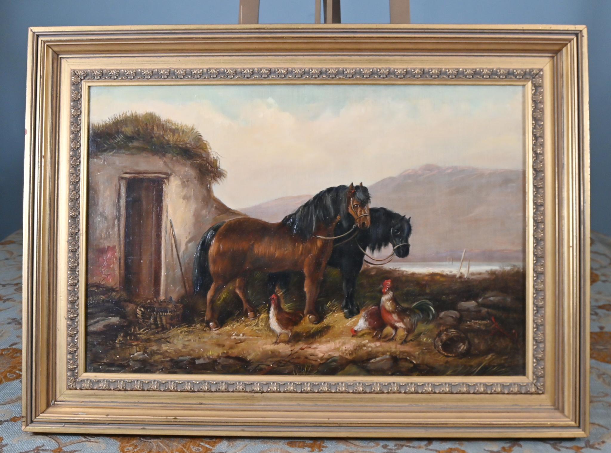 Klassisches viktorianisches Ölgemälde, das eine Bauernhofszene mit Pferden und Hühnern zeigt
Der Künstler hat die Szene wirklich mit großem Geschick eingefangen
Kommt in elegantem Goldrahmen
Angeboten in großer Form bereit für den Heimgebrauch