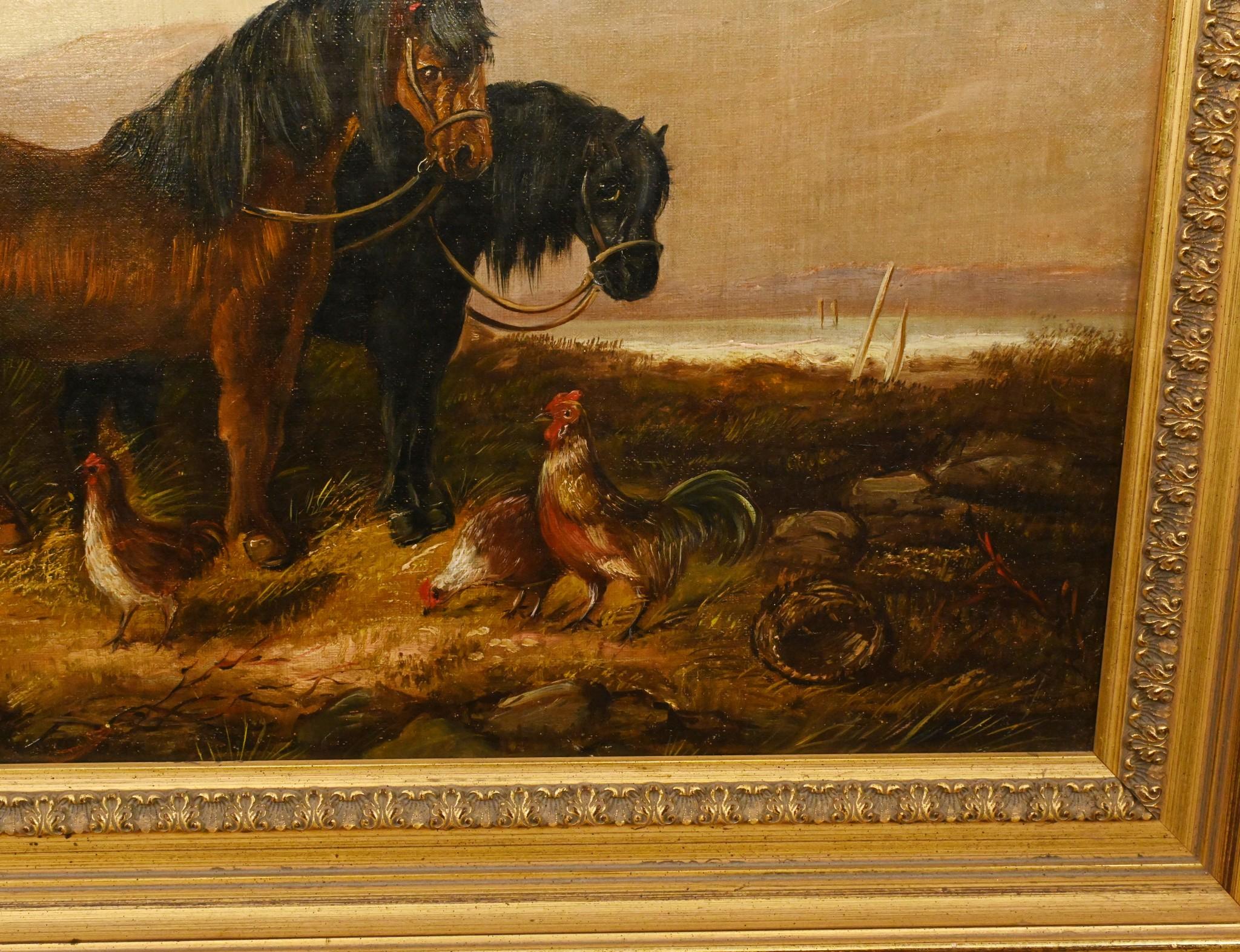 Late 19th Century Victorian Oil Painting Horse Farmyard Scene 1880 For Sale