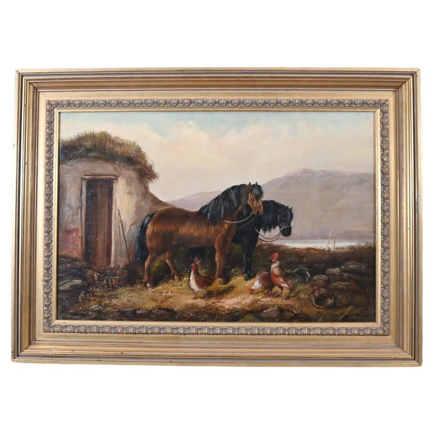 Viktorianisches Ölgemälde, Pferde-Bauernhofsszene, 1880