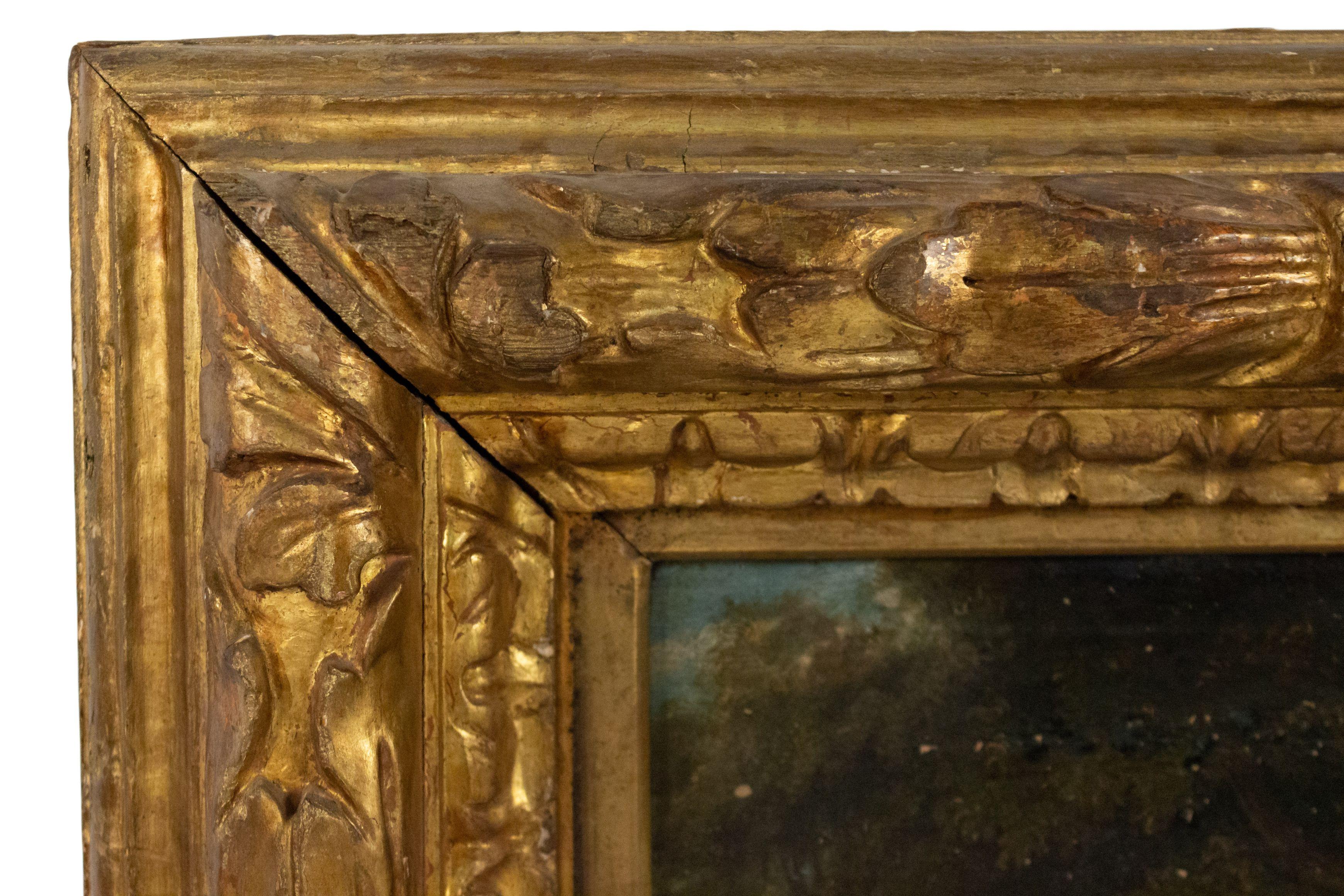 English Victorian carved gilt framed oil painting of 3 women and man outside house