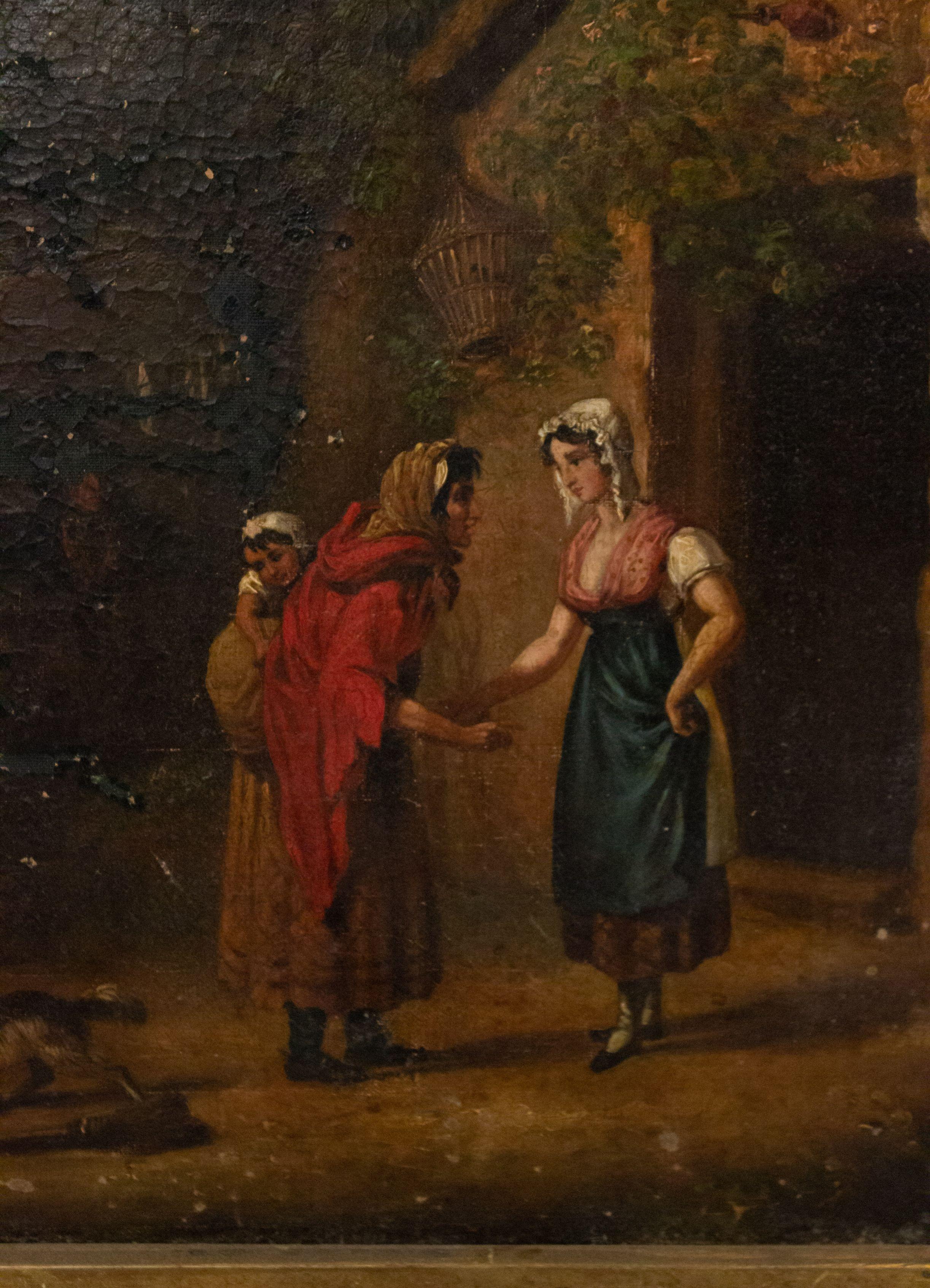 Hand-Carved Victorian Oil Painting of 3 Women & Man For Sale